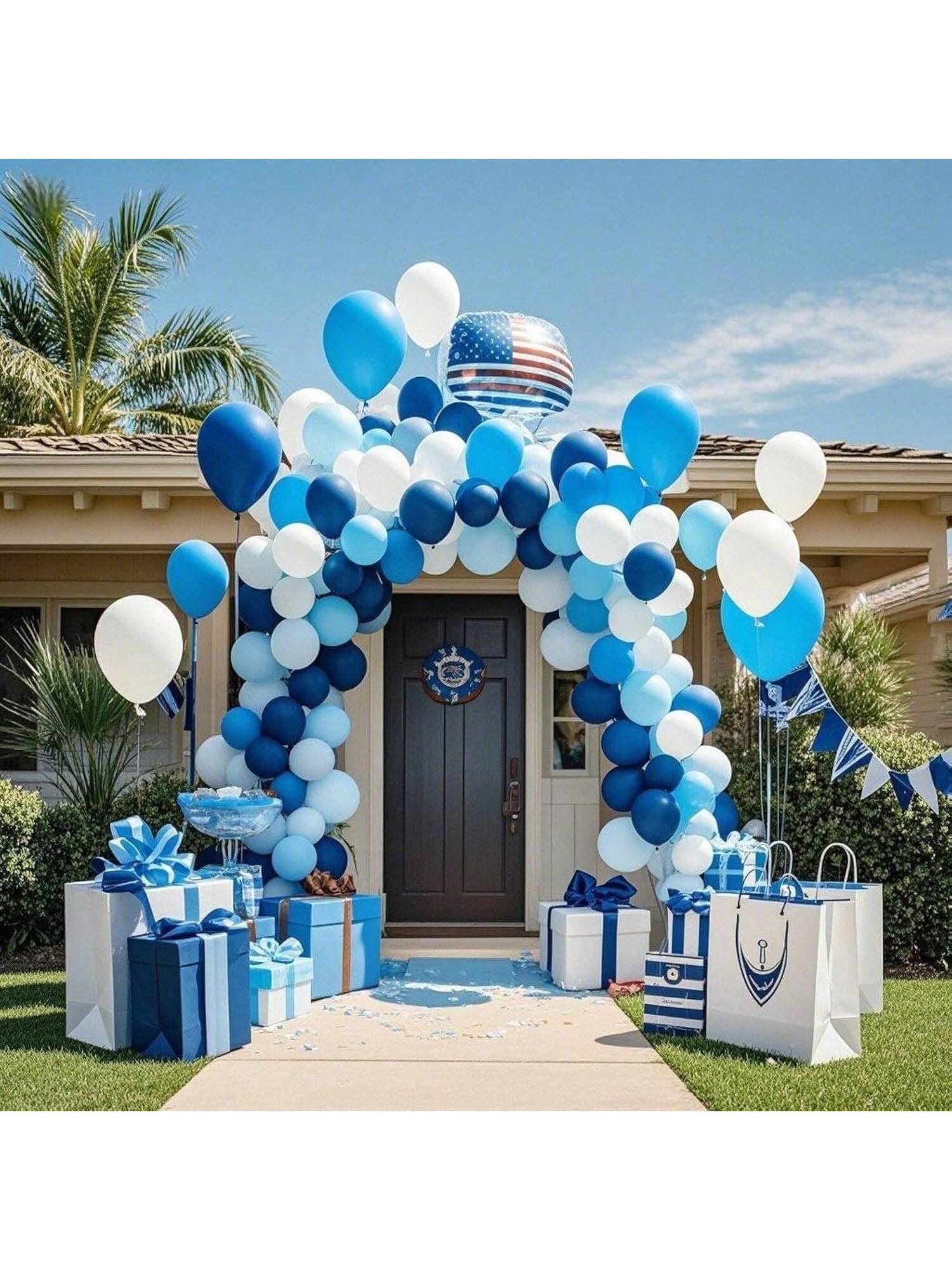 100-Pc Blue and White Metallic Balloon Set with Navy Pastel Pearl and Confetti