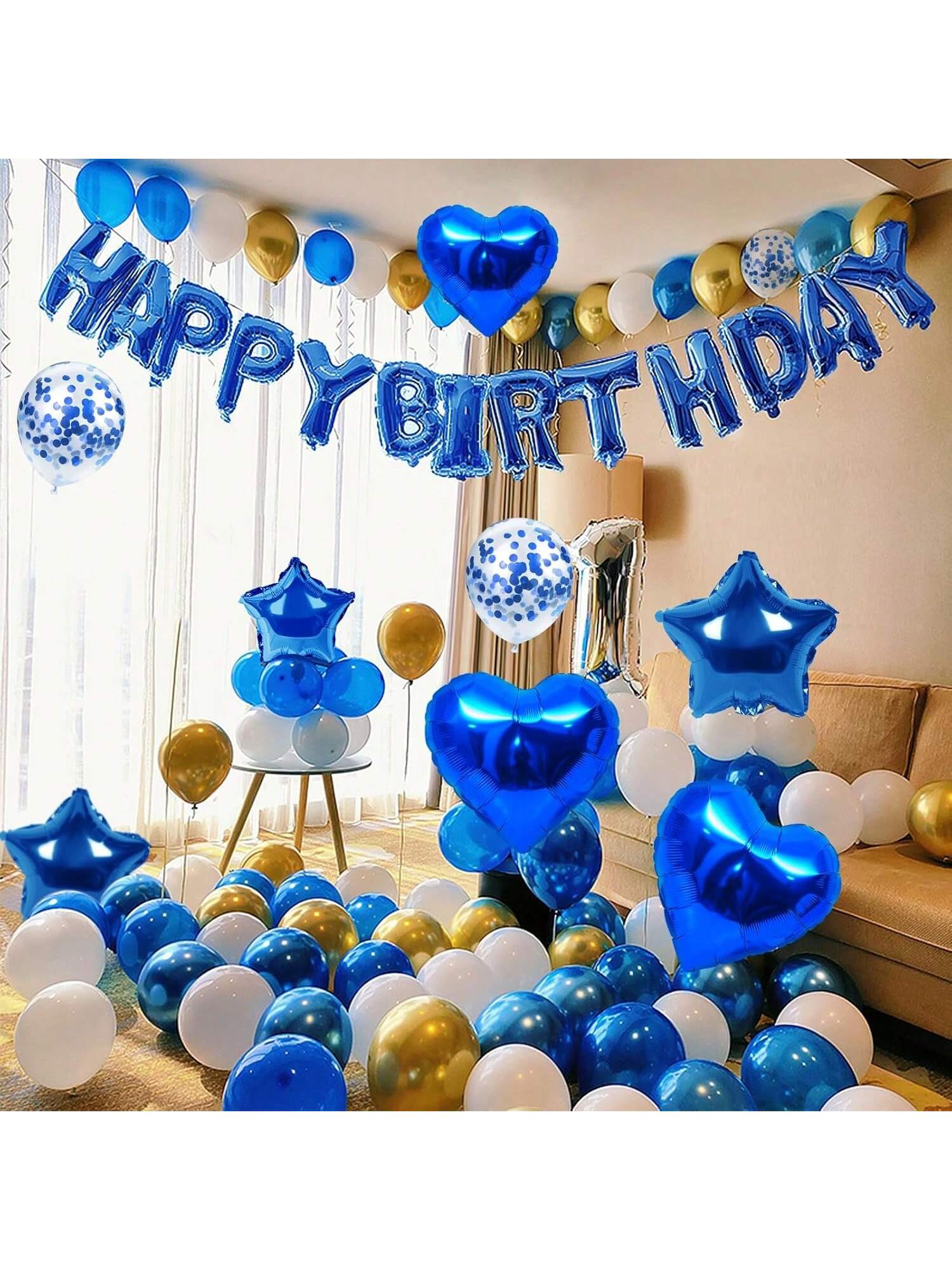 30-Pc Happy Birthday Balloon Banner 16-Inch Blue Letters with Star and Heart Balloons