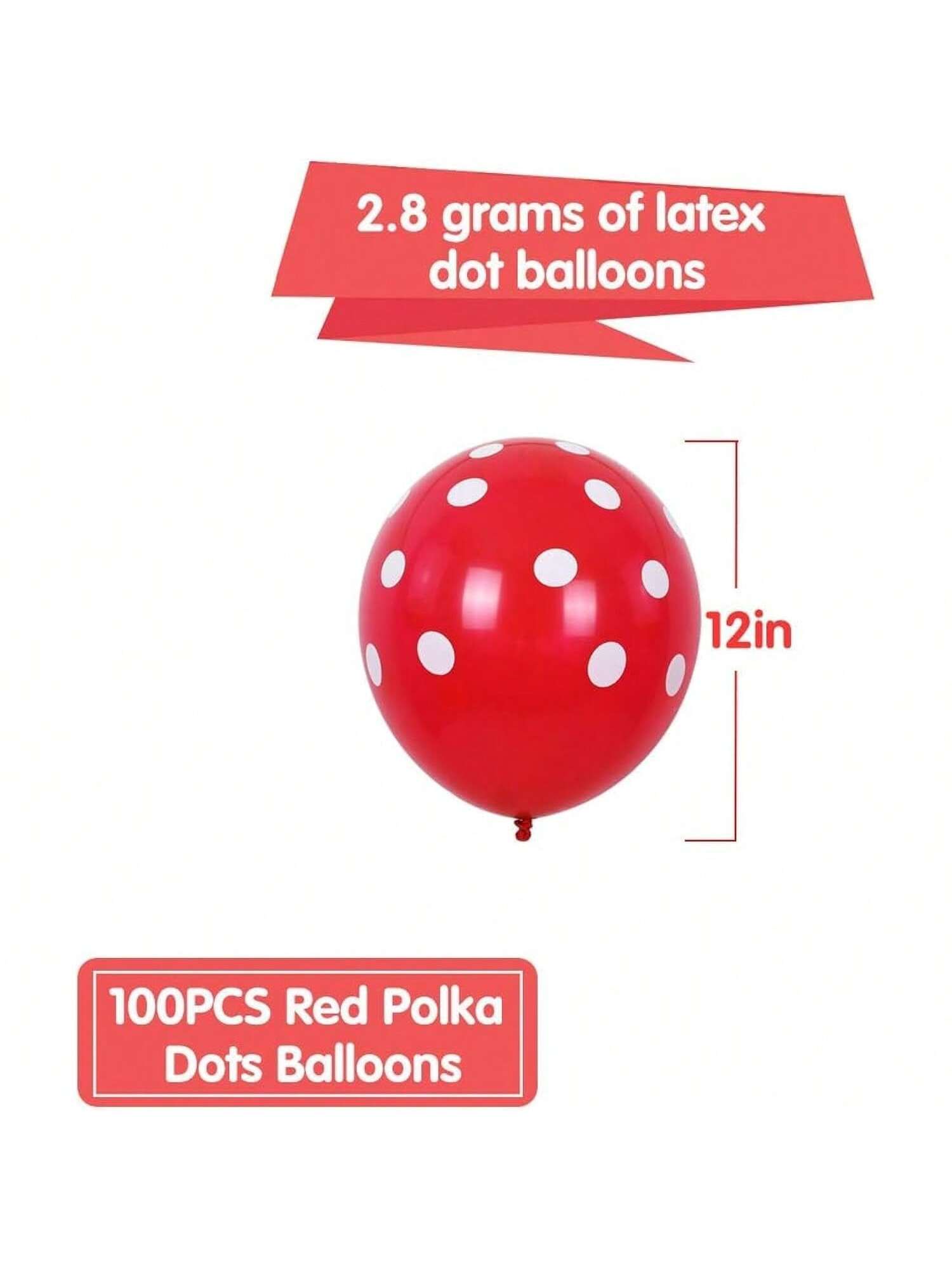 100 Red and White Polka Dot 12-Inch Balloons for Parties and Weddings