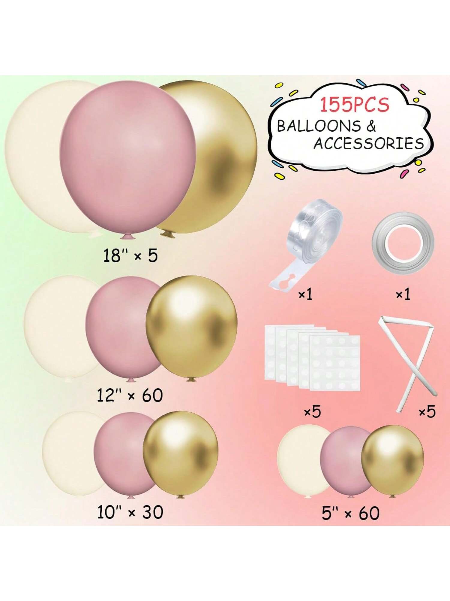 155 Pcs Pink, White & Gold Balloon Arch Kit For Birthday, Shower, Wedding Decor