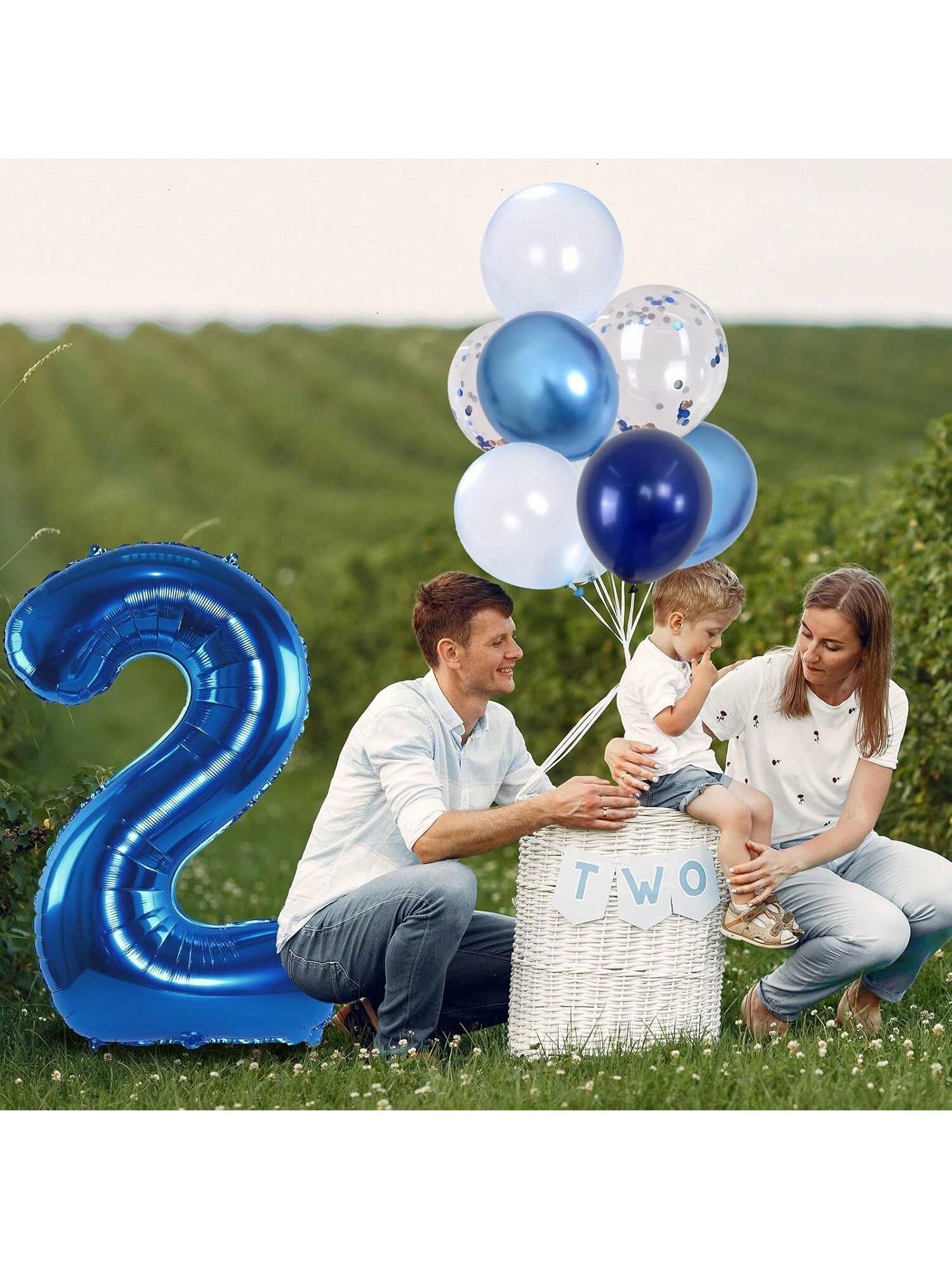 40" Navy & Silver Confetti Foil Number 2 Balloon For Boys' 2nd Birthday Party