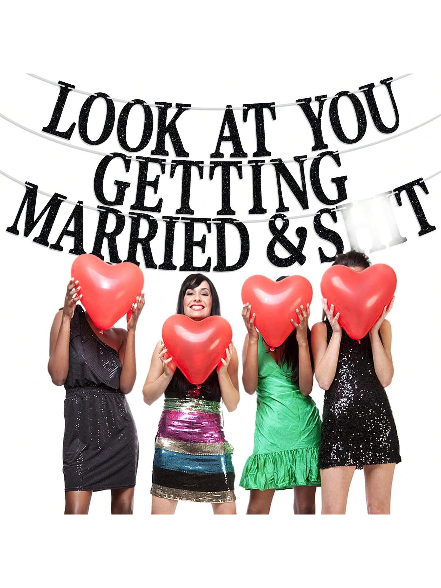 Look At You Getting Married Black Glitter Banner for Wedding and Bridal Shower Decor
