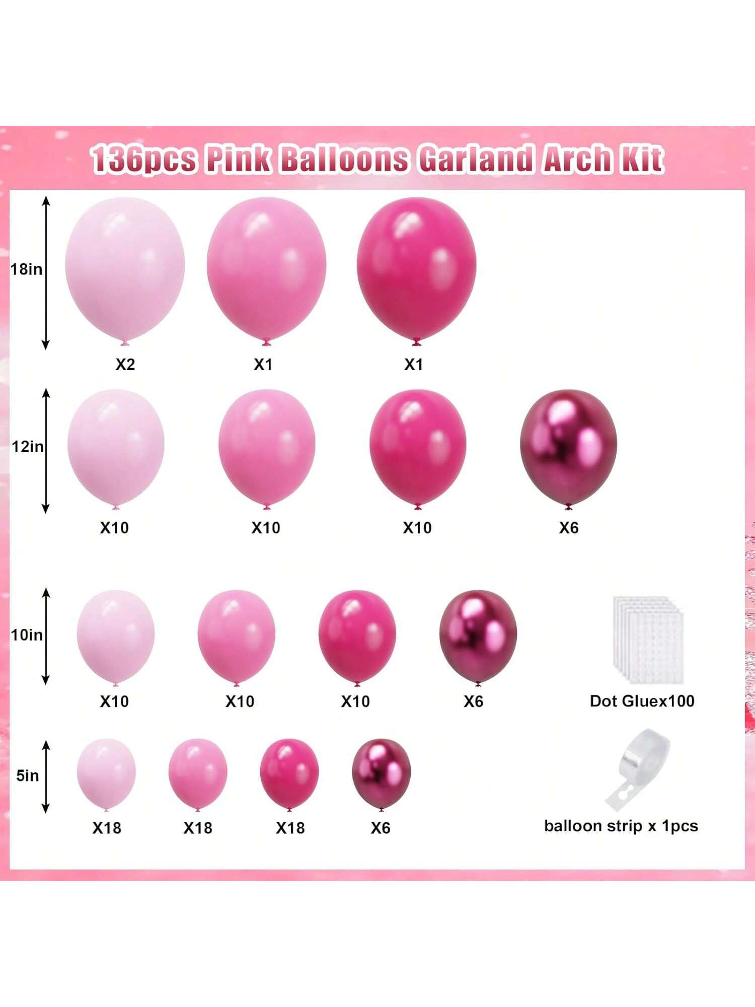 136PCS Pink Balloon Garland Kit Hot & Metallic Pink for Parties & Weddings