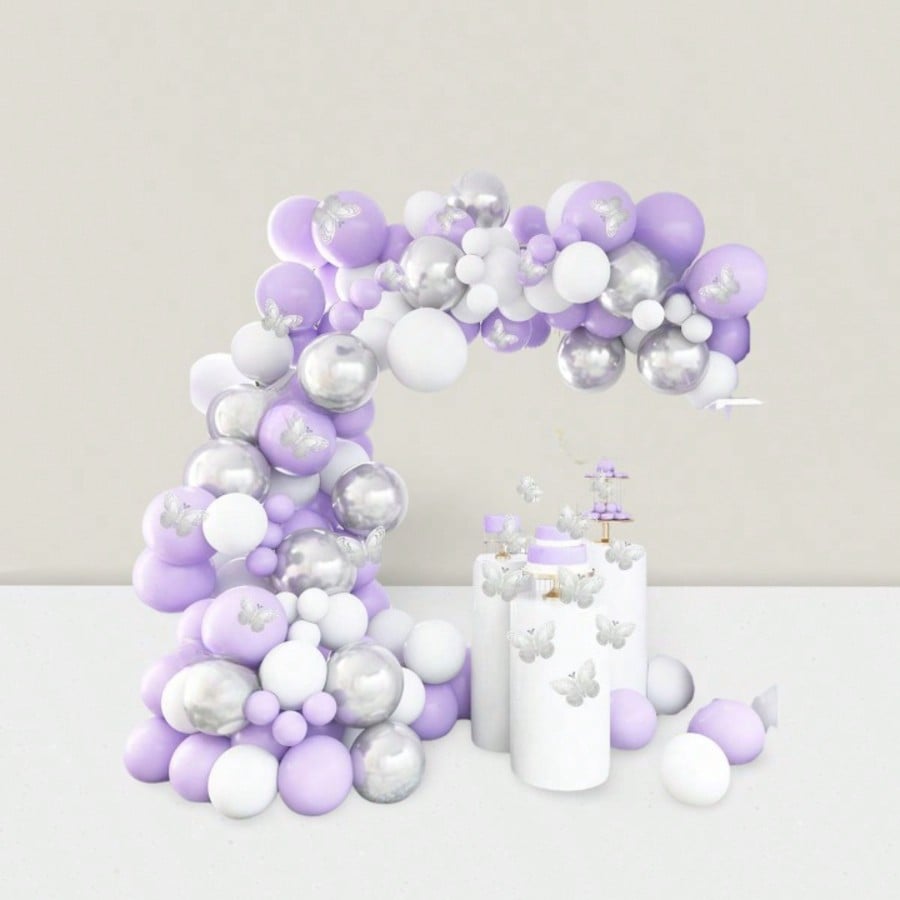 140pcs Purple Balloon Arch Kit Lavender White Silver Butterfly Party Decor