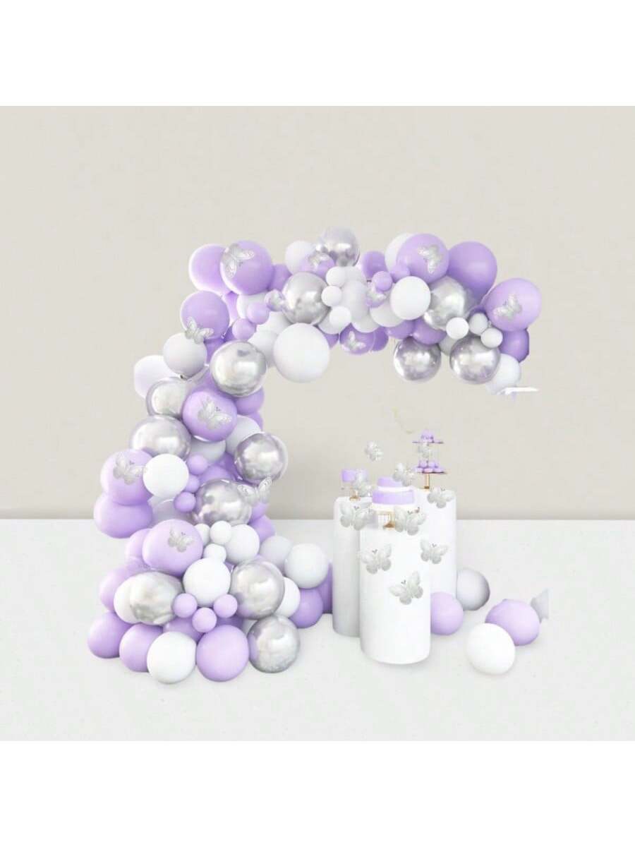 140pcs Purple Balloon Arch Kit Lavender White Silver Butterfly Party Decor