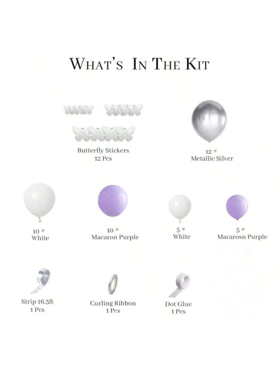 140pcs Purple Balloon Arch Kit Lavender White Silver Butterfly Party Decor