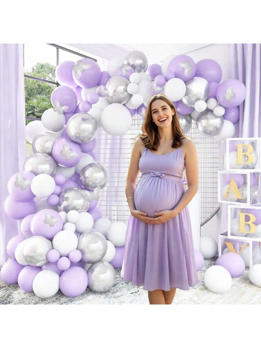 140pcs Purple Balloon Arch Kit Lavender White Silver Butterfly Party Decor