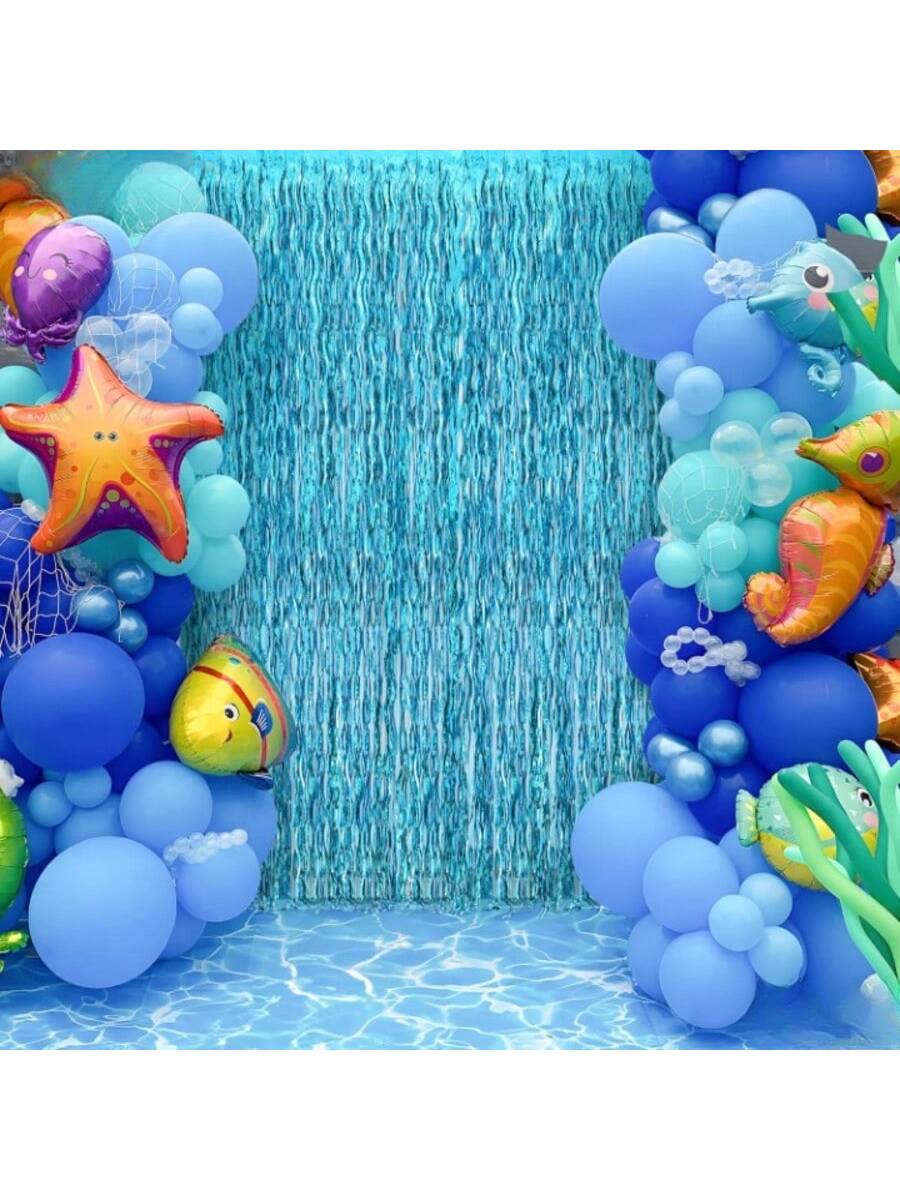 2 Pack Wavy Blue Foil Fringe Curtains Beach and Pool Party Backdrop Summer Decor