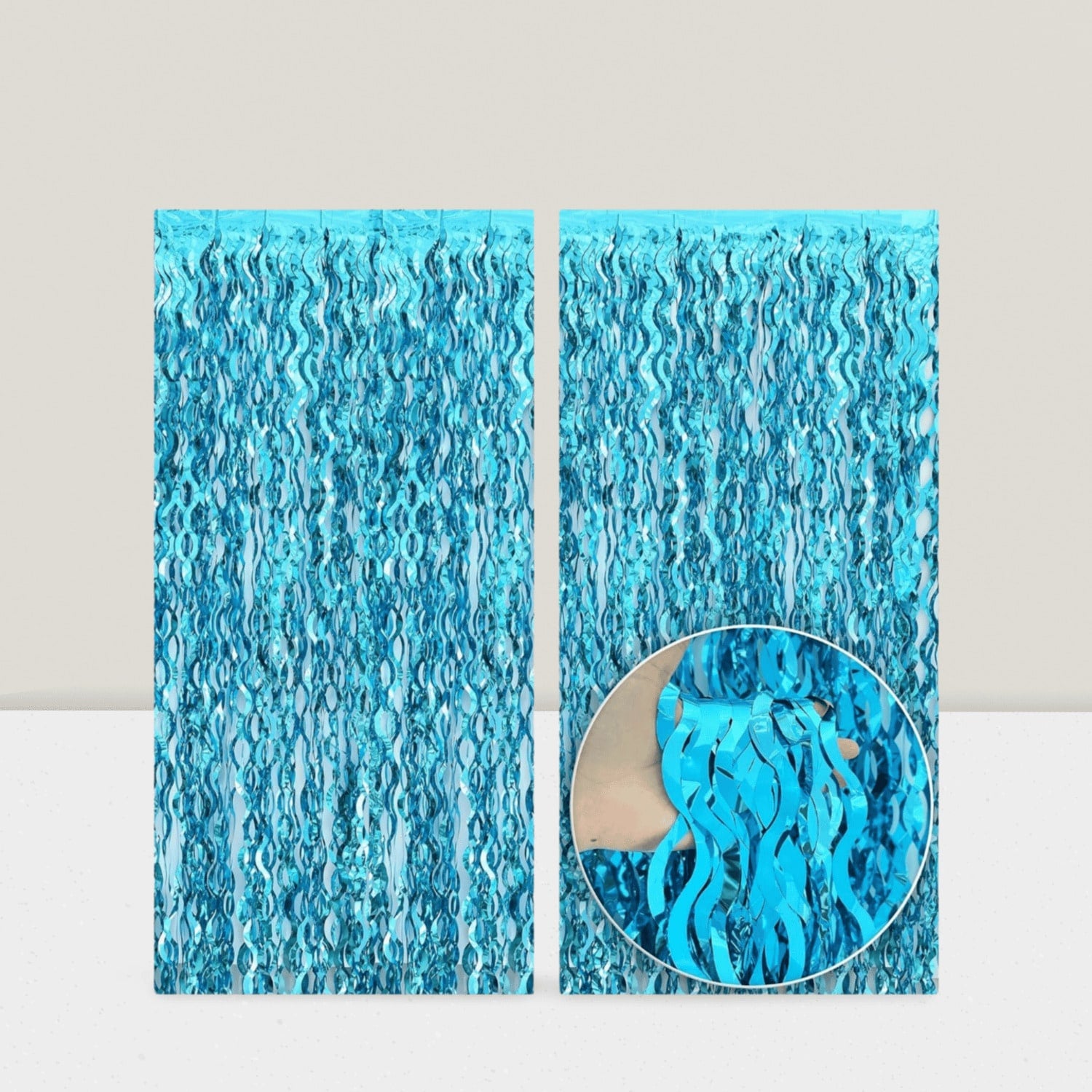 2 Pack Wavy Blue Foil Fringe Curtains Beach and Pool Party Backdrop Summer Decor