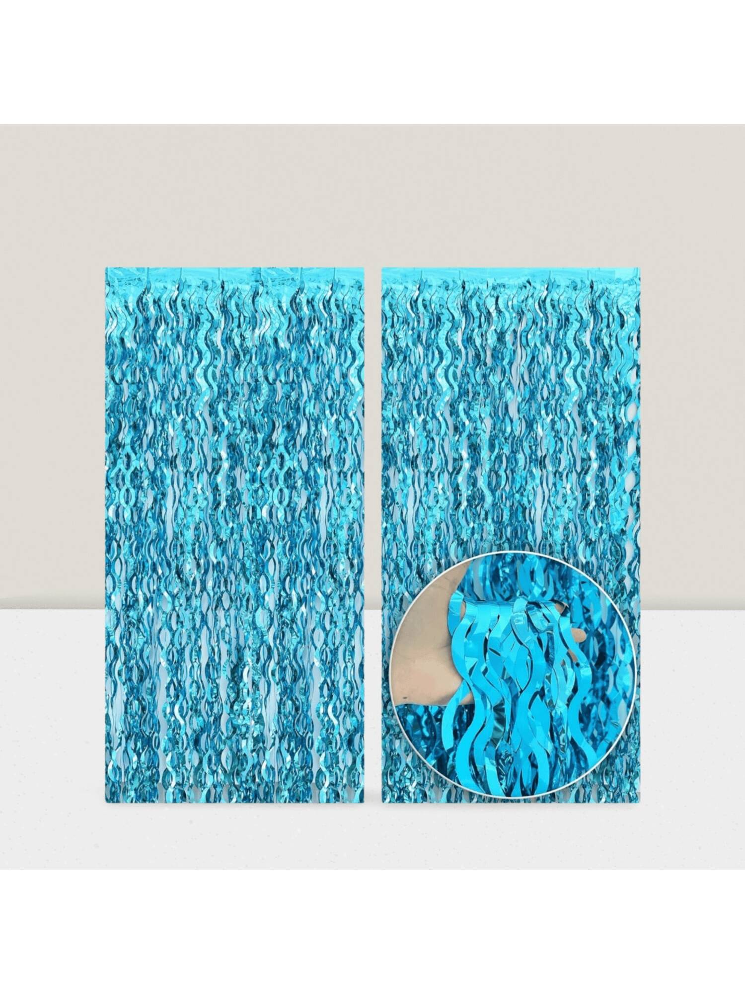 2 Pack Wavy Blue Foil Fringe Curtains Beach and Pool Party Backdrop Summer Decor