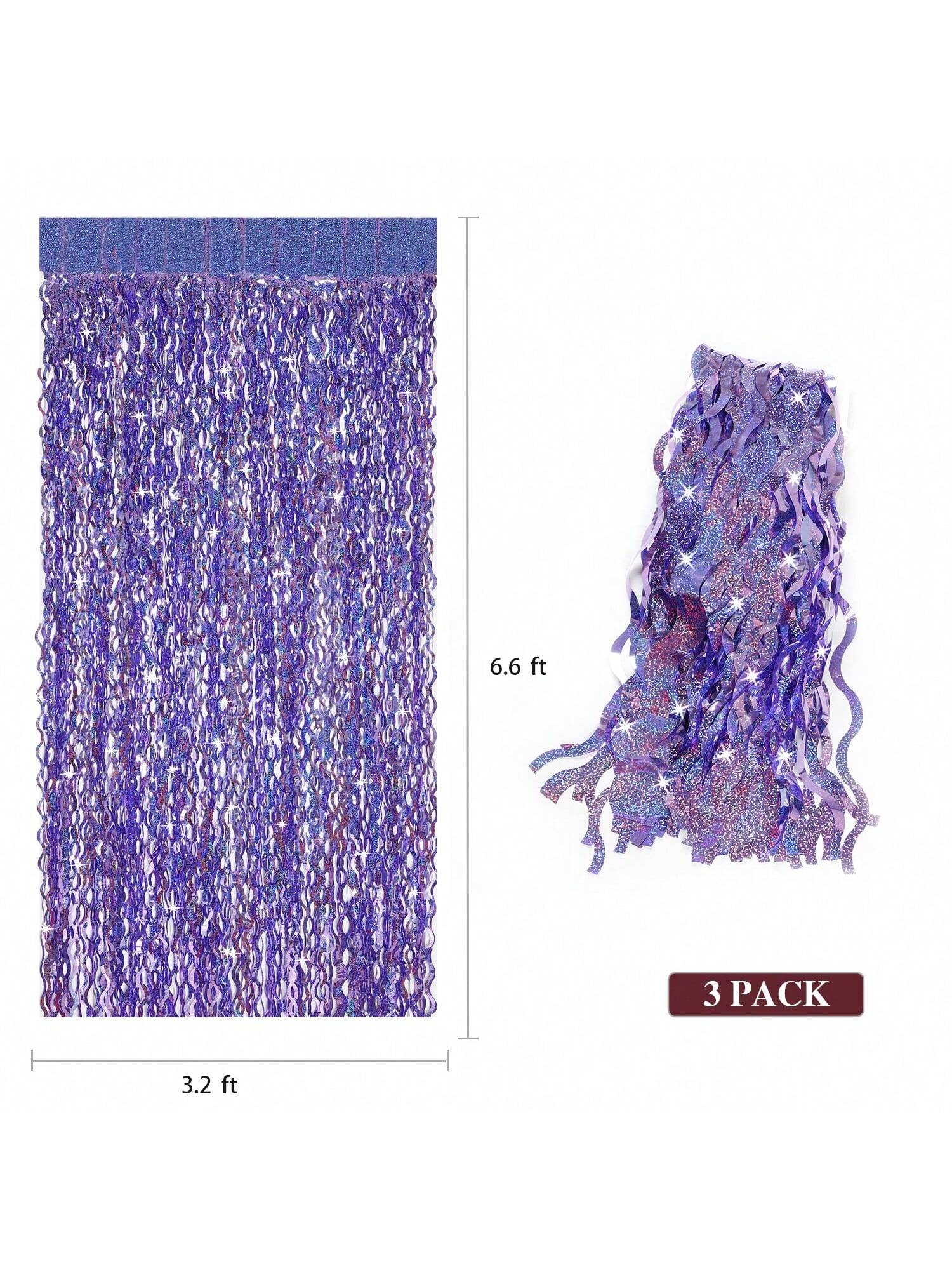 3-Pack Purple Foil Fringe Curtains 3.3x6.6ft Party and Graduation Decor