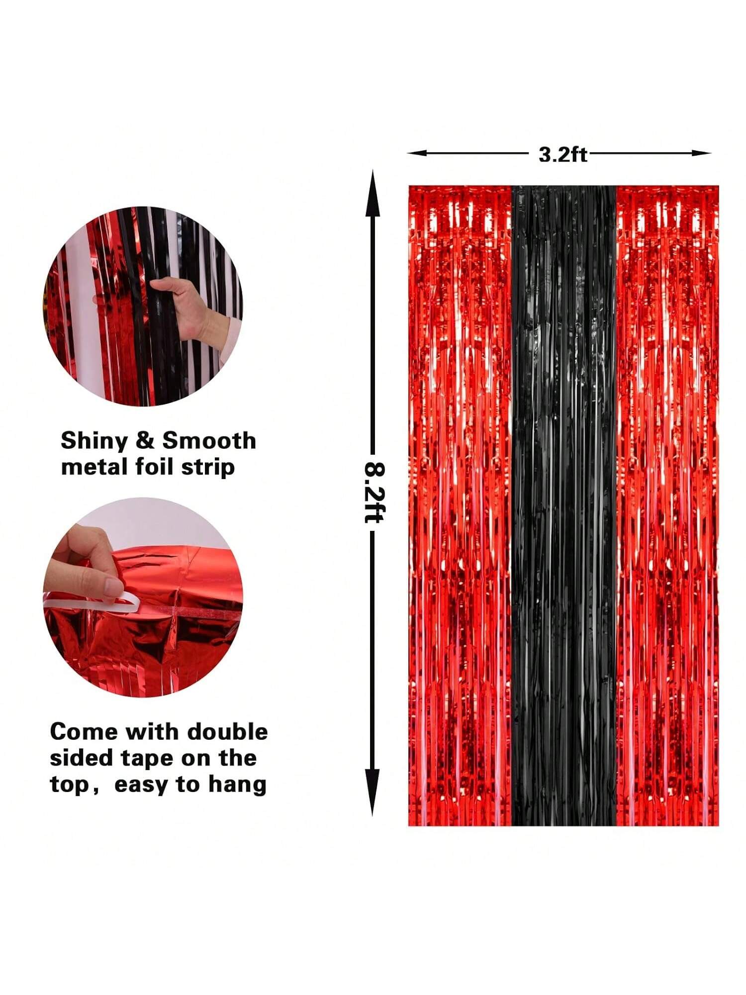 2 Pack 3.2x8.2 Ft Black and Red Foil Fringe Curtains Tinsel Backdrop for Party Decor