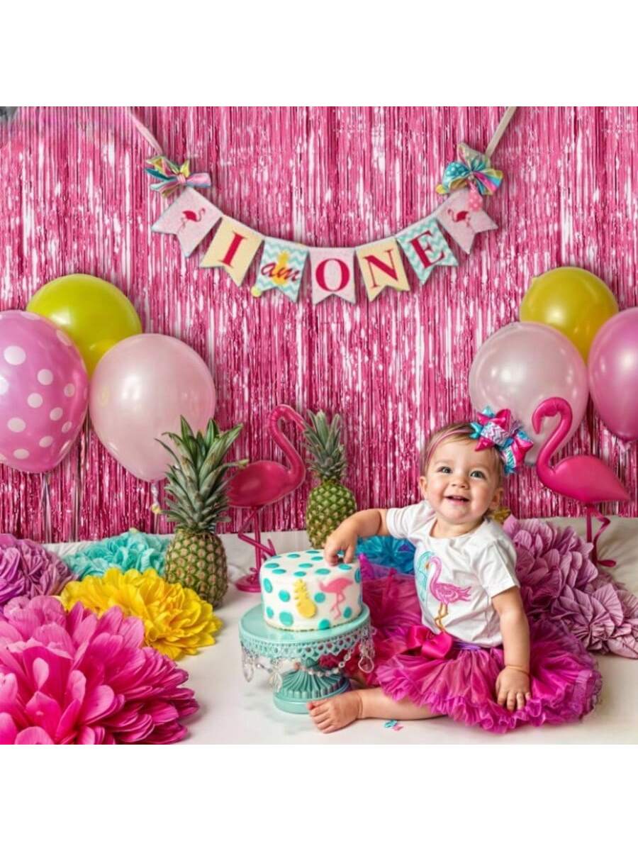 2 Pack 3.2x8 Ft Pink Fringe Tinsel Curtains for Birthday and Photo Booth Decor