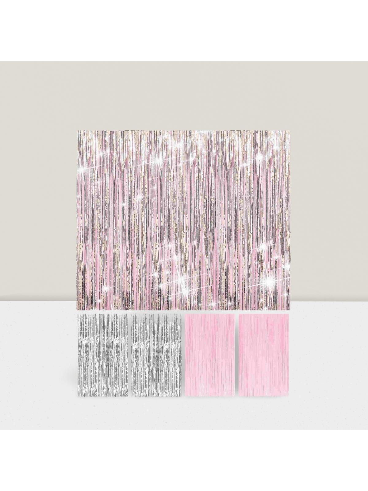 4-Pack Pink Silver Foil Fringe Curtains Backdrop for Birthday Bachelorette Decor