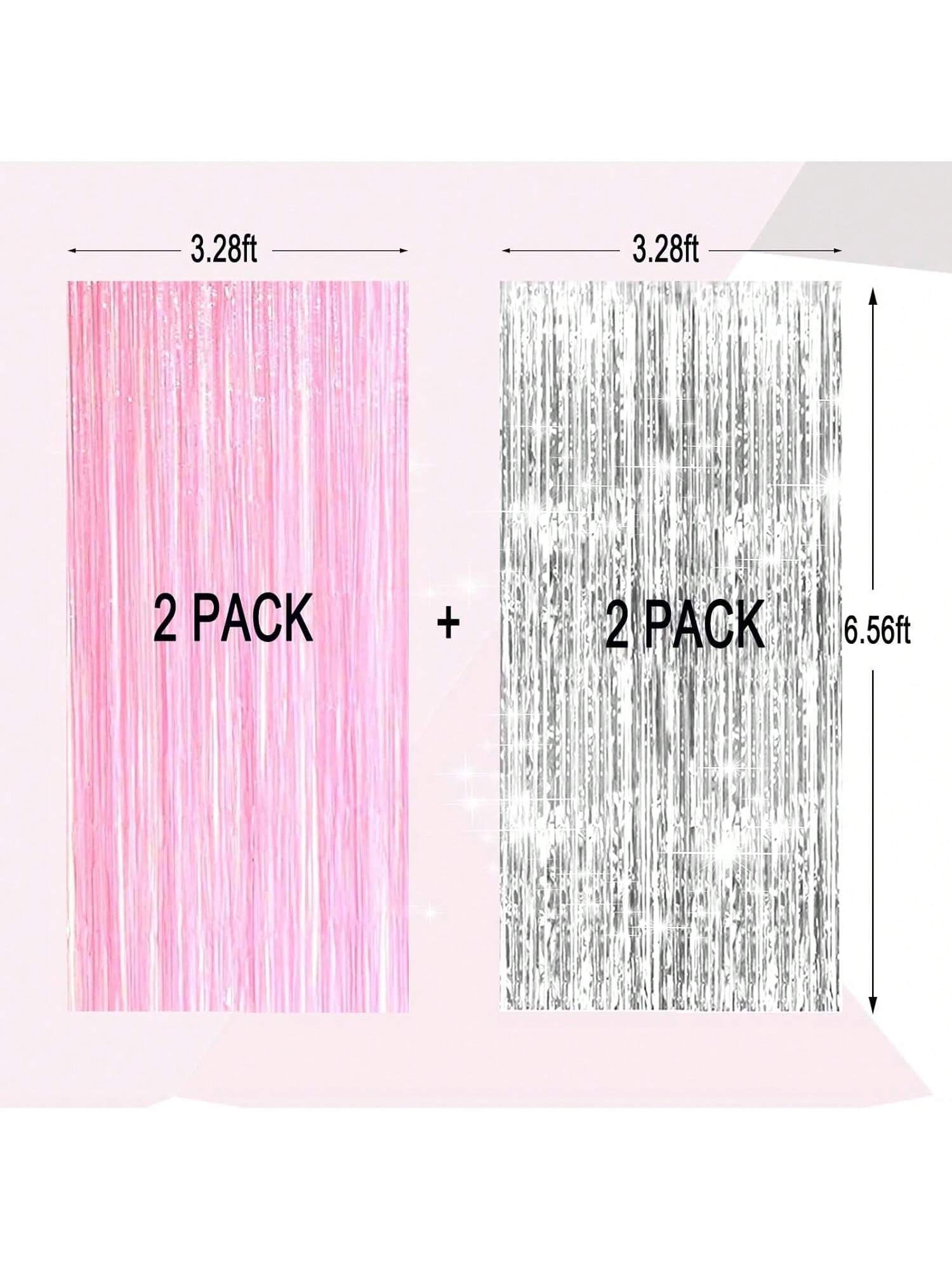 4-Pack Pink Silver Foil Fringe Curtains Backdrop for Birthday Bachelorette Decor