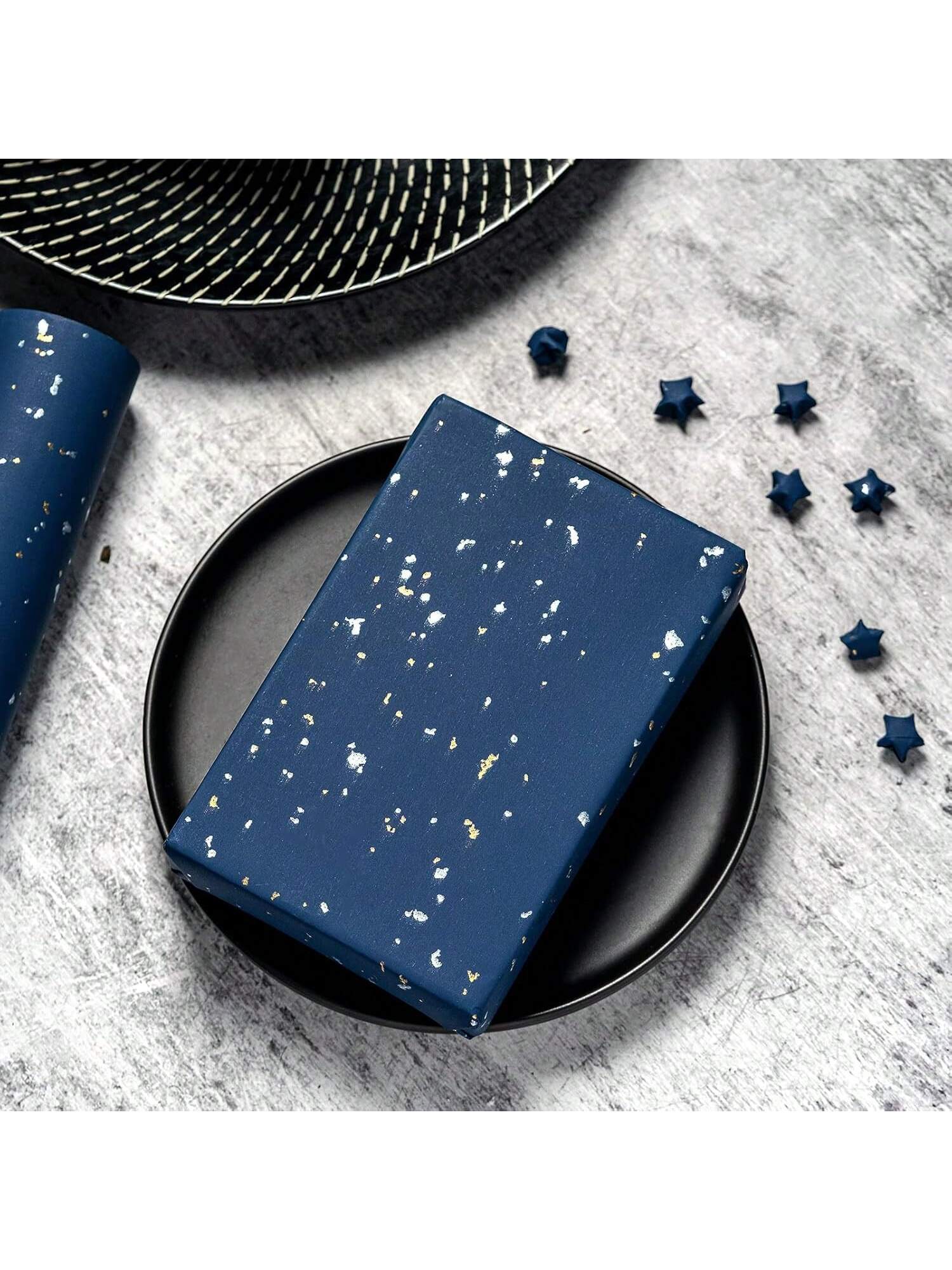 Navy Blue and Gold Gift Wrap 17 Inch x 16.5 Ft Mini Roll Silky Finish for Birthdays and Weddings