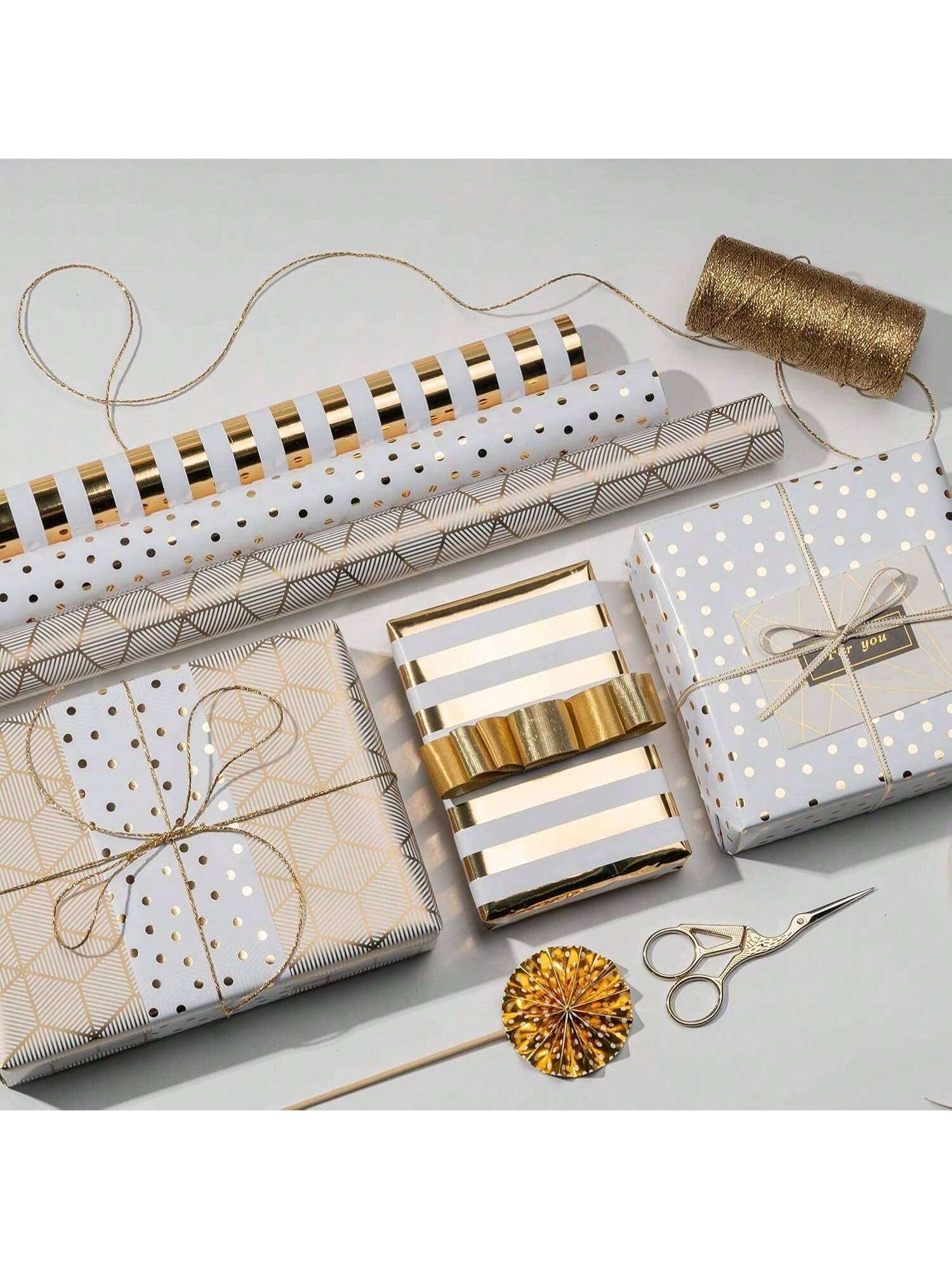 Mini Birthday Wrapping Paper Roll 17 Inch x 120 Inch White and Gold Foil