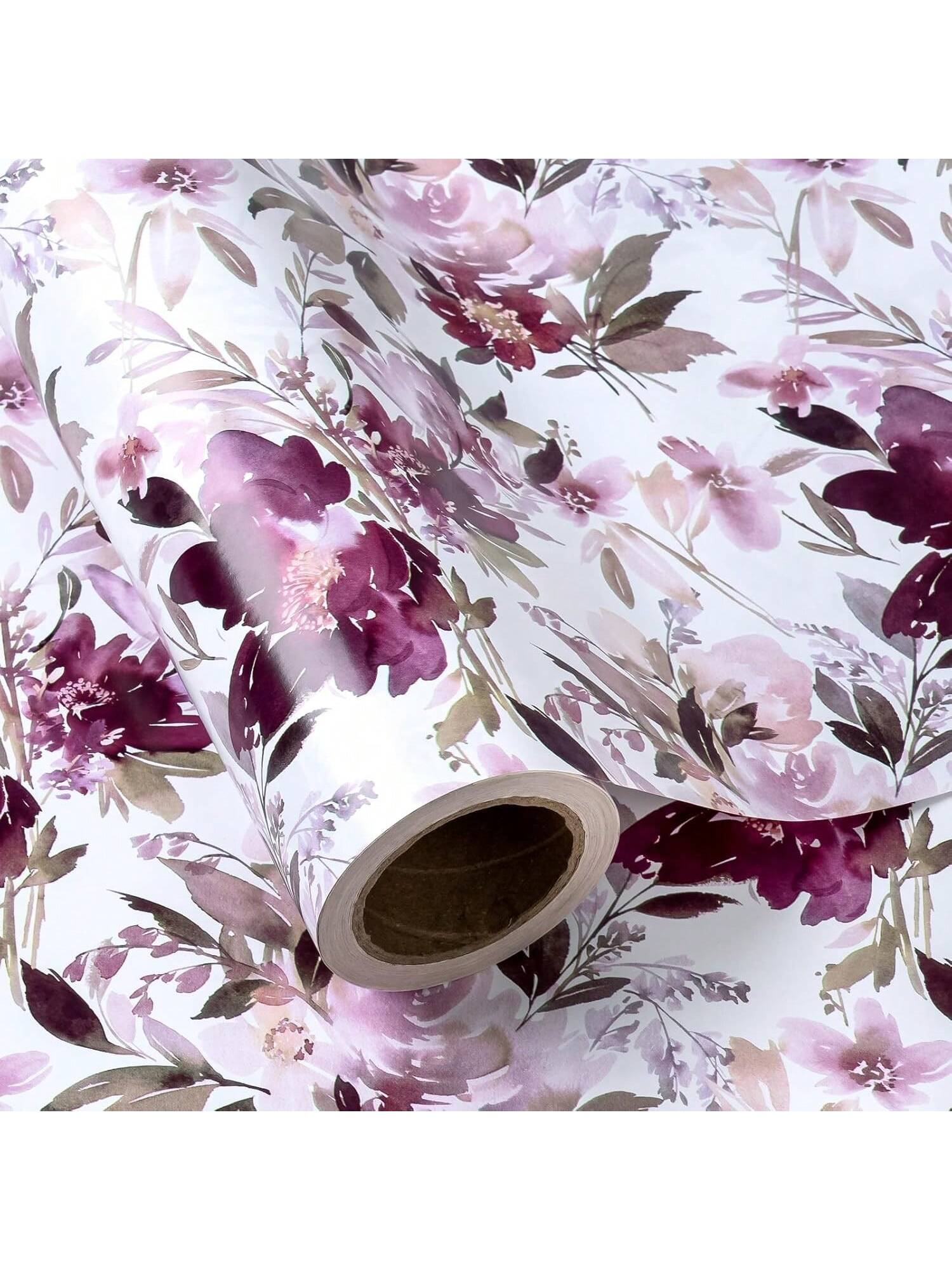 Reversible Floral Wrapping Paper 17 Inch x 33 Ft Purple for Weddings and Birthdays