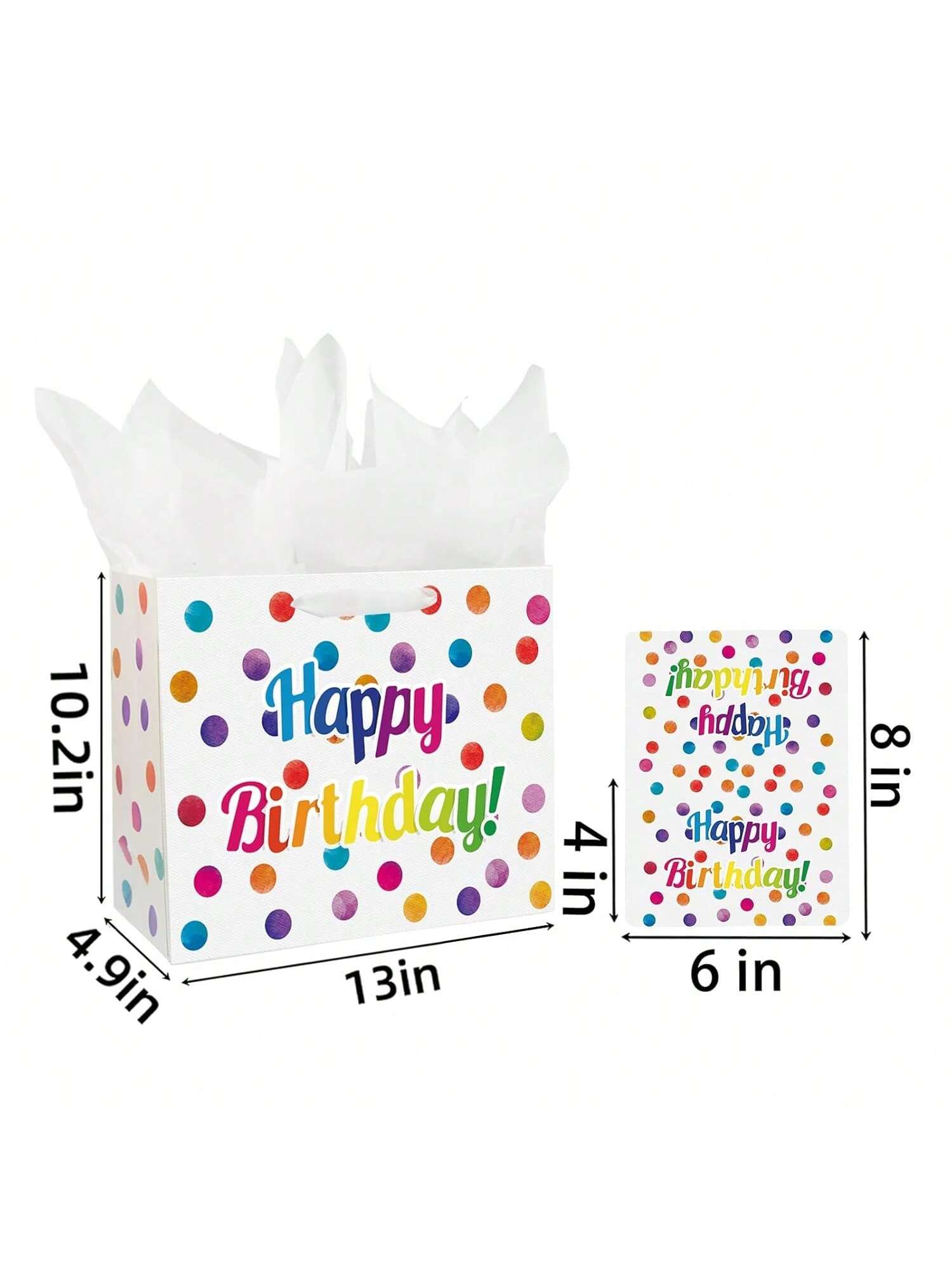Large 13 Inch Birthday Gift Bag with Dots, Handles, Card and Tissue