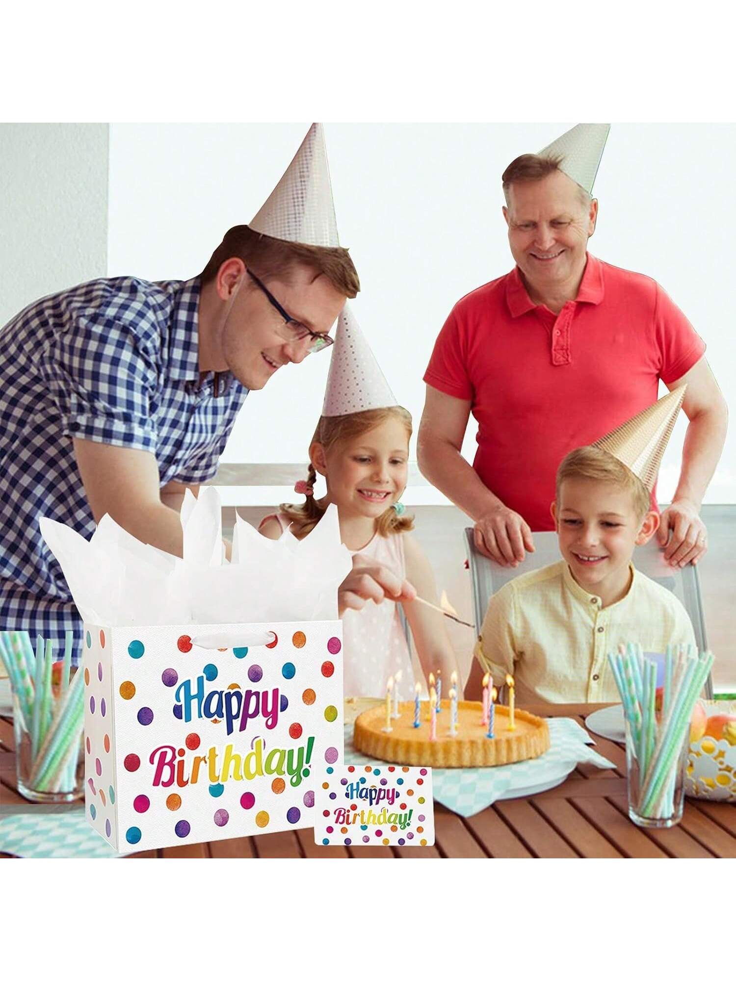 Large 13 Inch Birthday Gift Bag with Dots, Handles, Card and Tissue