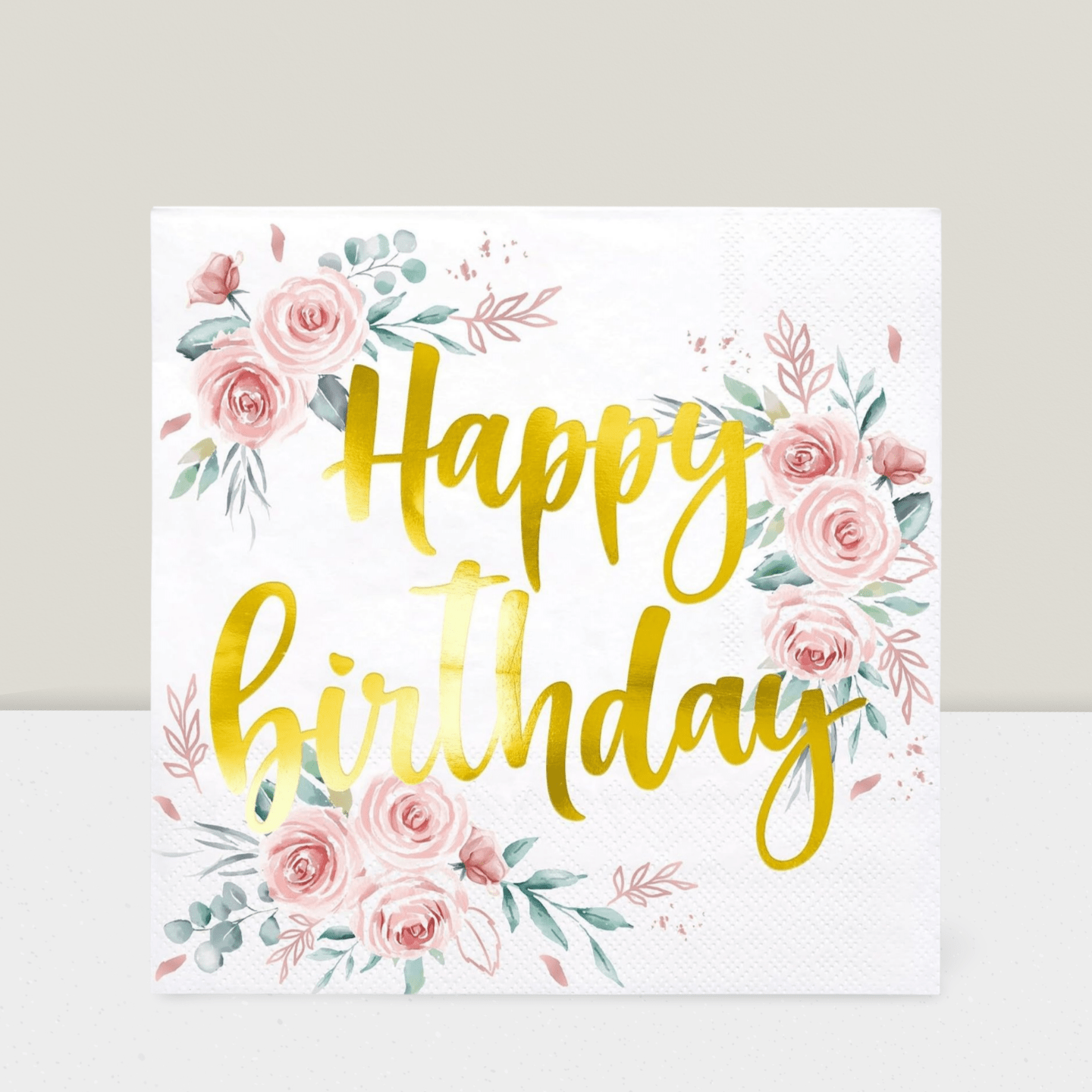 50 Pc Gold Floral Birthday Napkins 3 Ply Disposable 6.5x6.5 Inch for Party