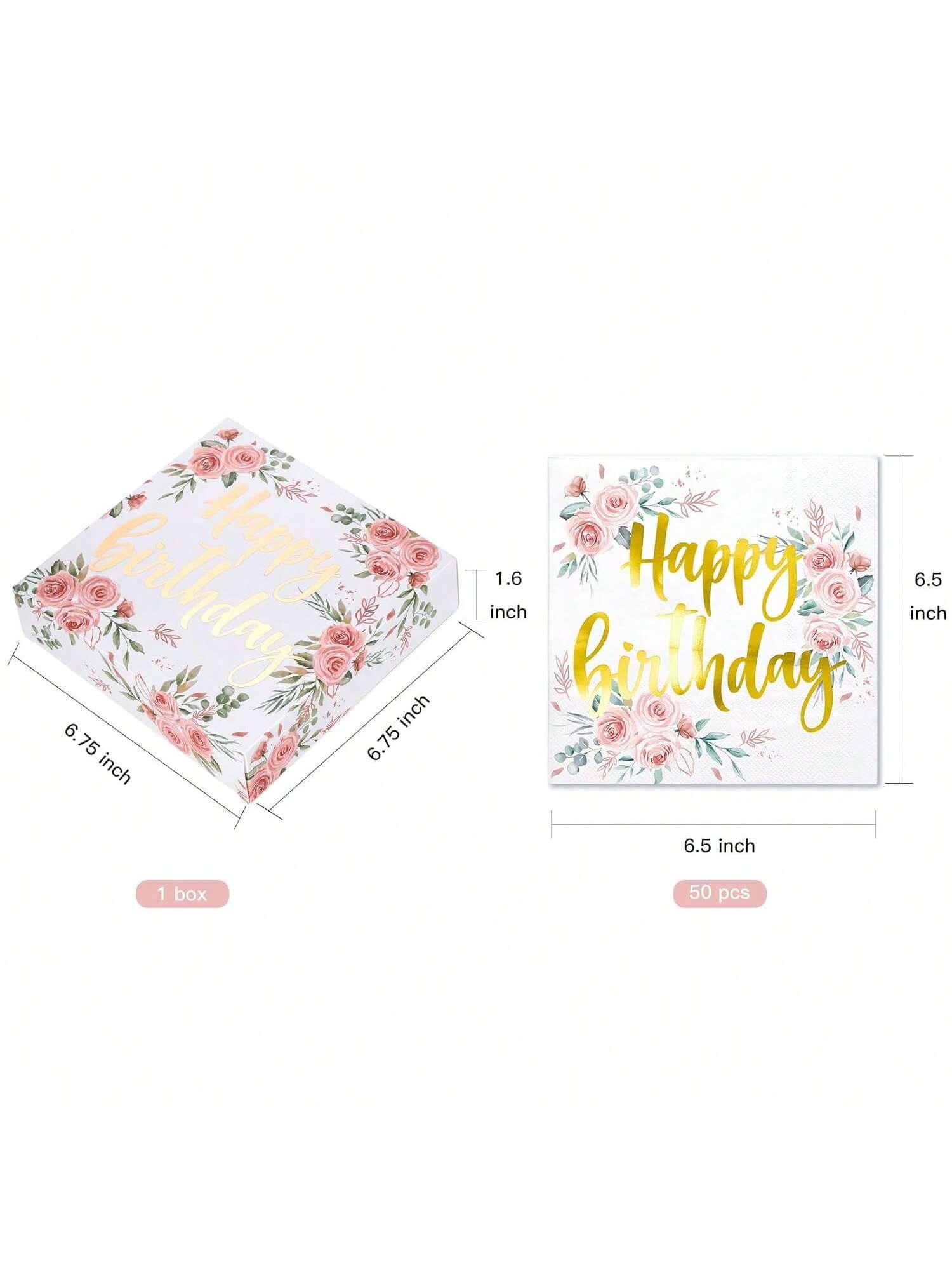 50 Pc Gold Floral Birthday Napkins 3 Ply Disposable 6.5x6.5 Inch for Party