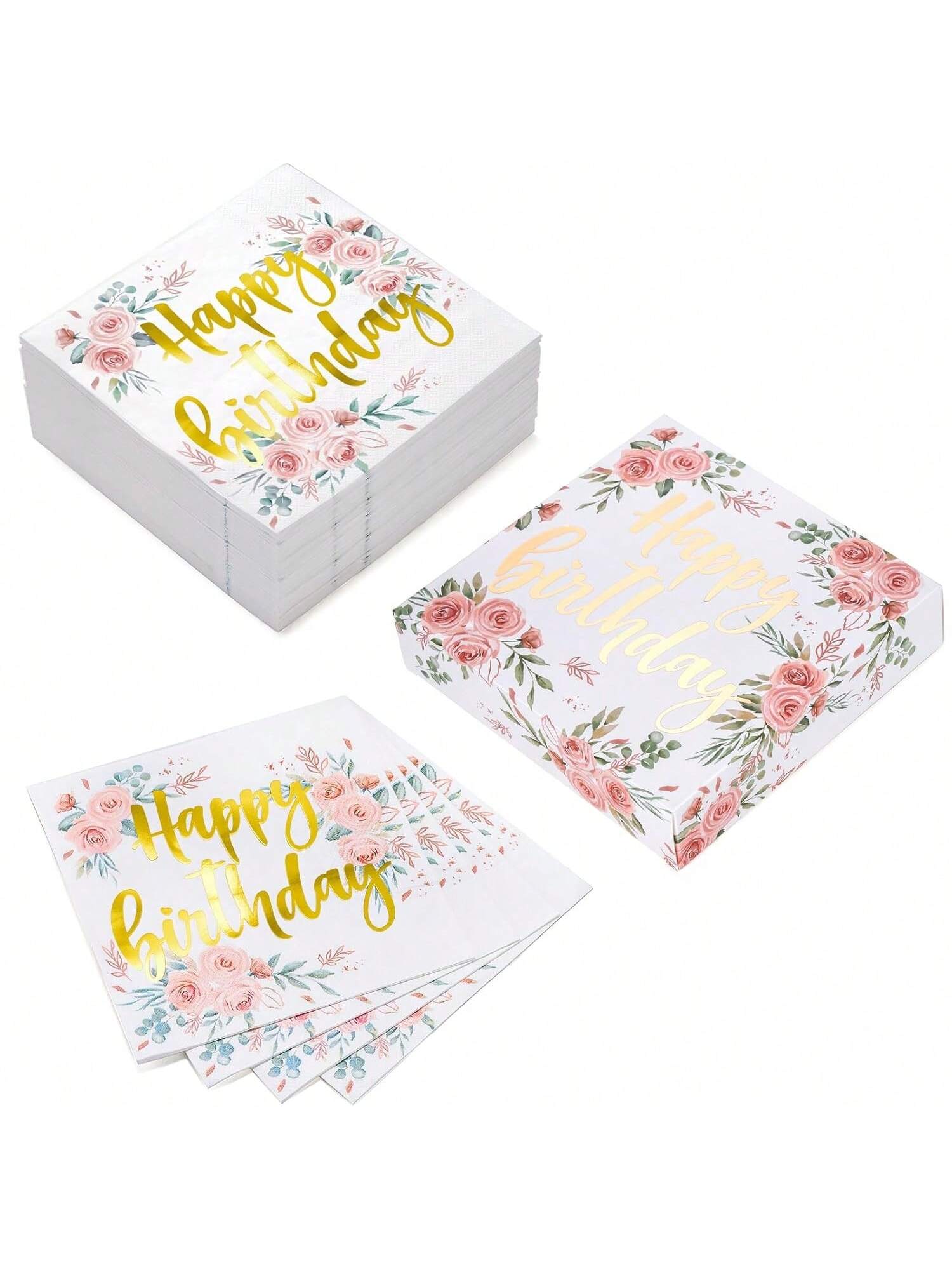 50 Pc Gold Floral Birthday Napkins 3 Ply Disposable 6.5x6.5 Inch for Party