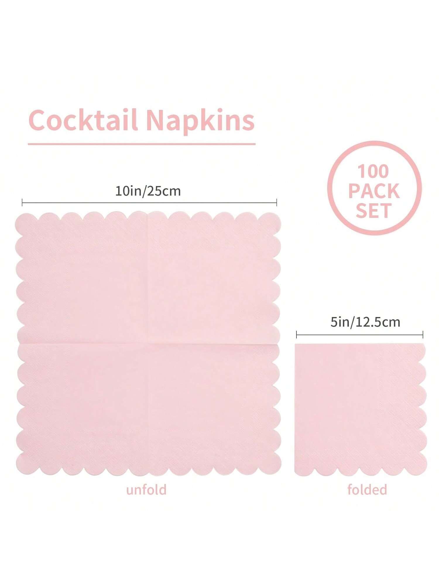 100 Pink Scalloped 2-Ply Cocktail Napkins 5x5 Disposable Party Napkins
