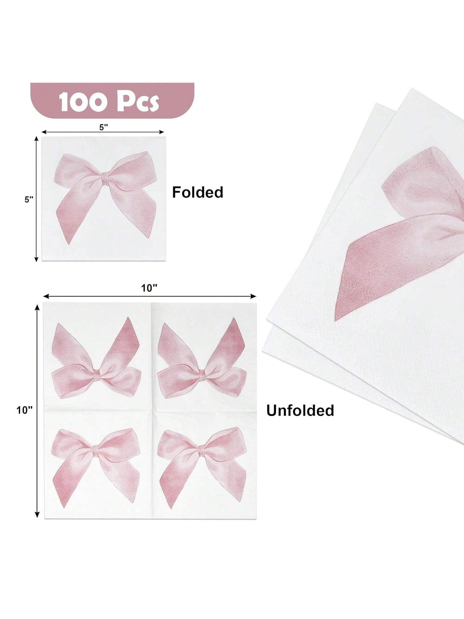 100-Piece Pink Bow Cocktail Napkins for Parties Showers and Holiday Events