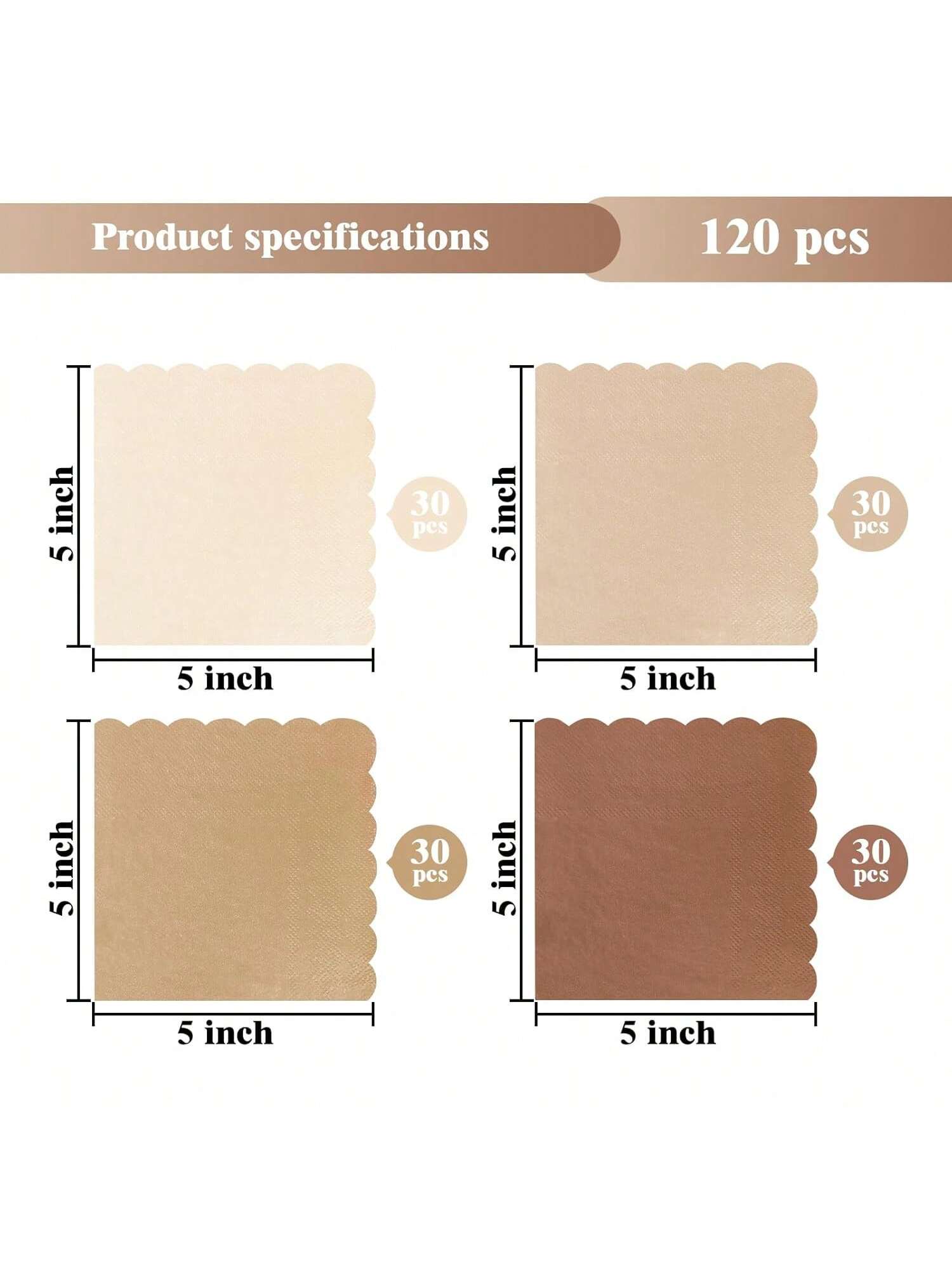 120 Gradient Brown Scalloped Napkins for Parties Weddings Birthday Dessert Tables