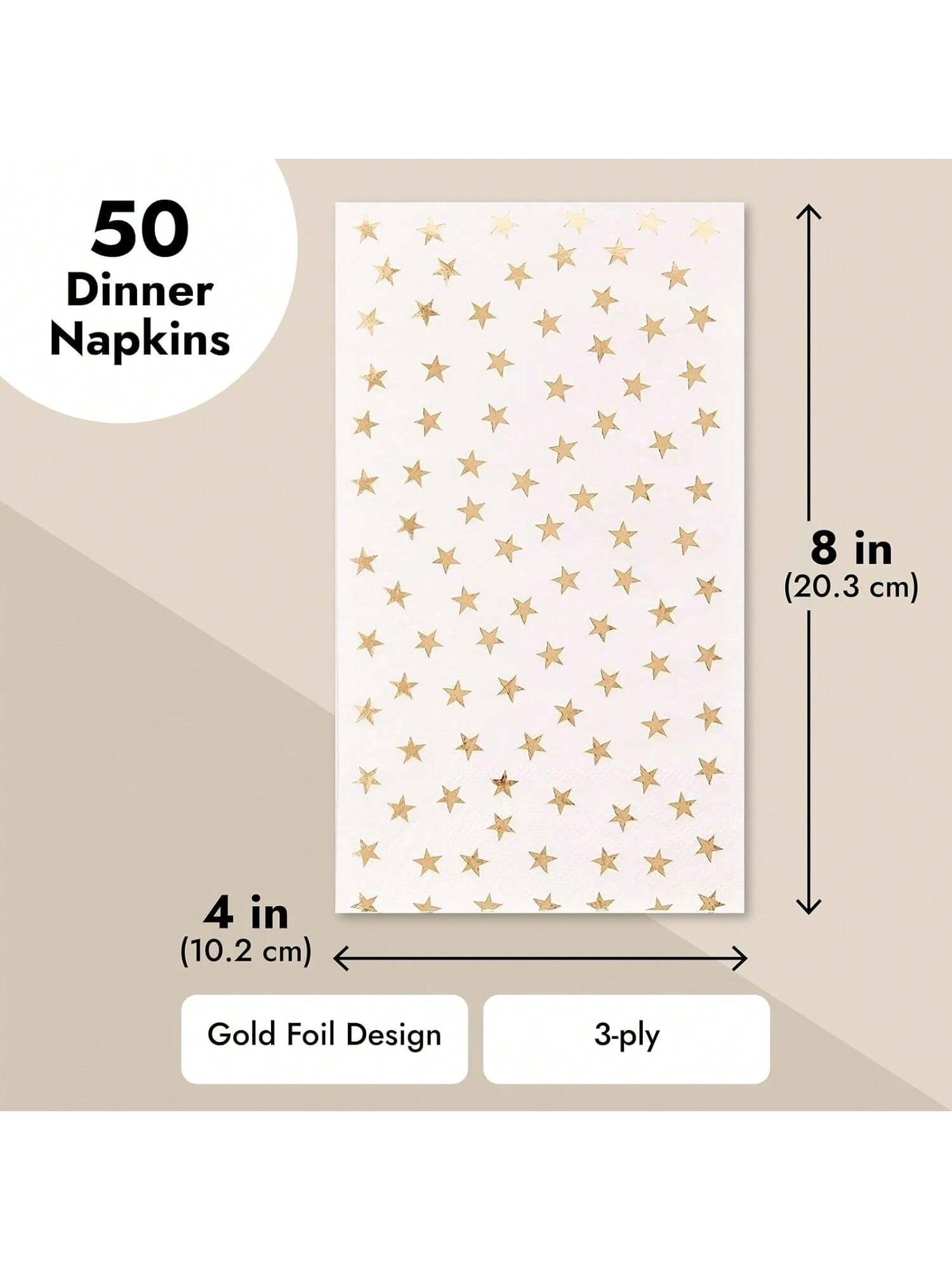 50 Gold and White Star Dinner Napkins 3-Ply Disposable Party Supplies