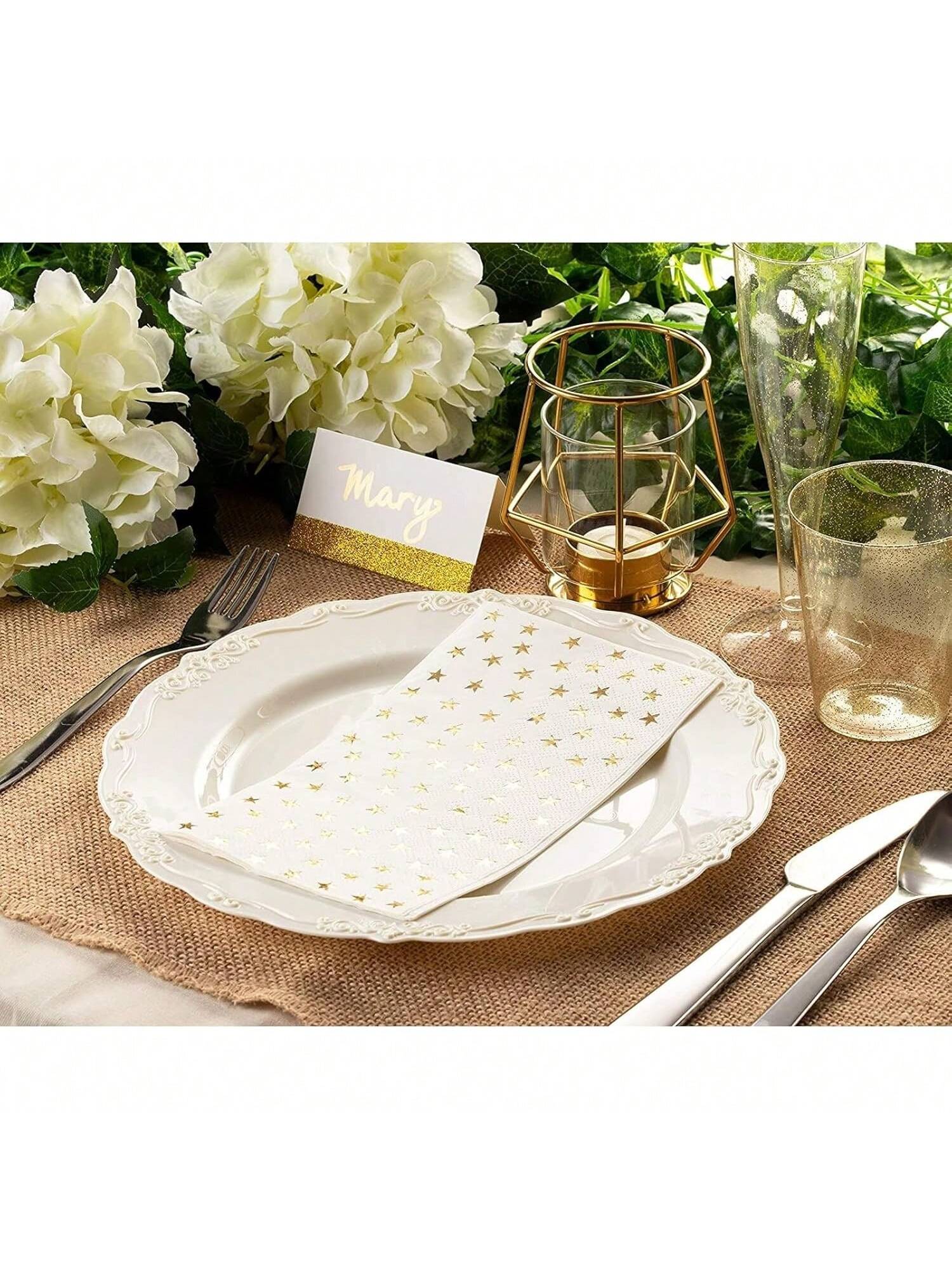 50 Gold and White Star Dinner Napkins 3-Ply Disposable Party Supplies