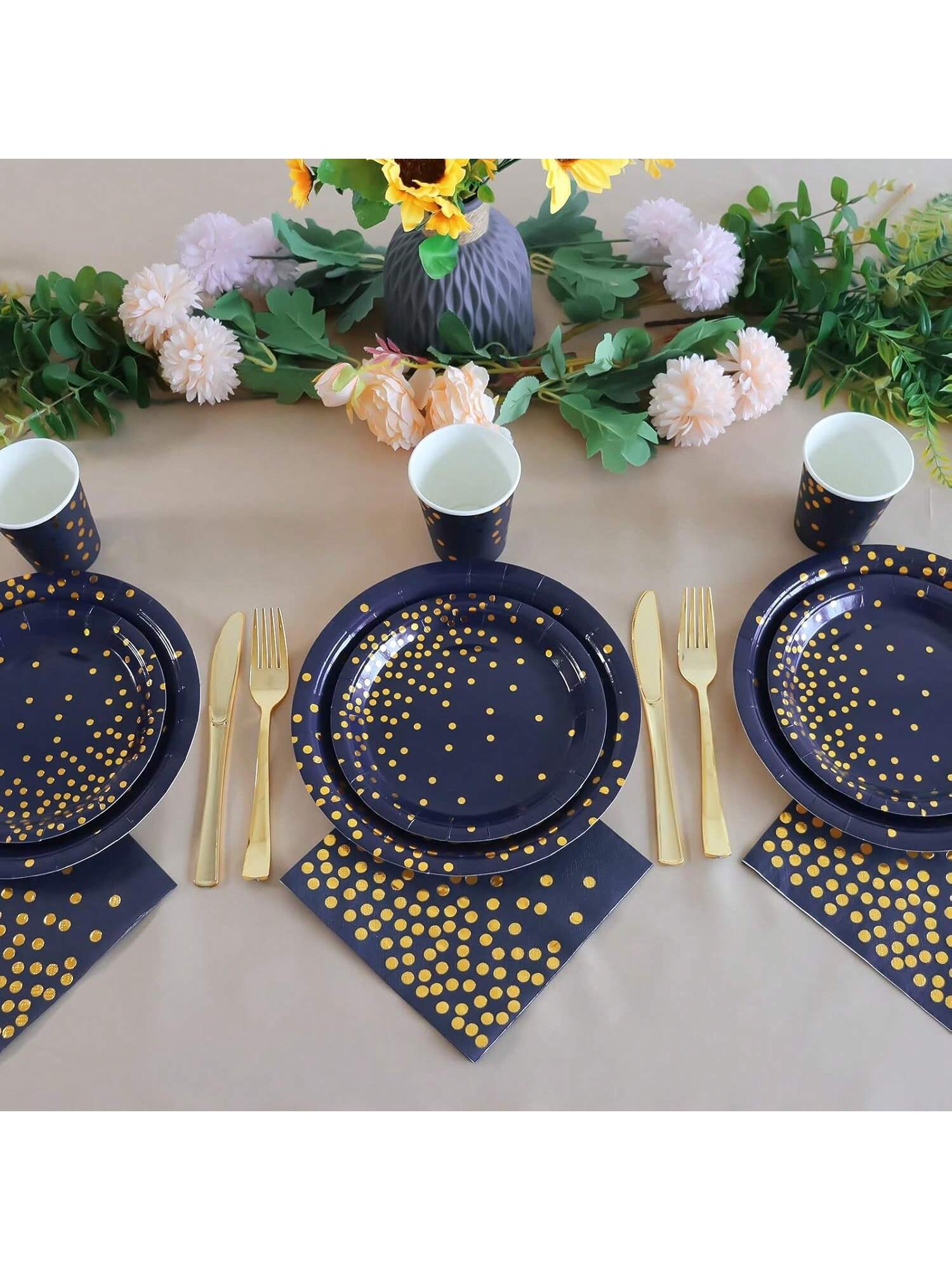 100 Blue Cocktail Napkins with Gold Dots for Parties & Holidays