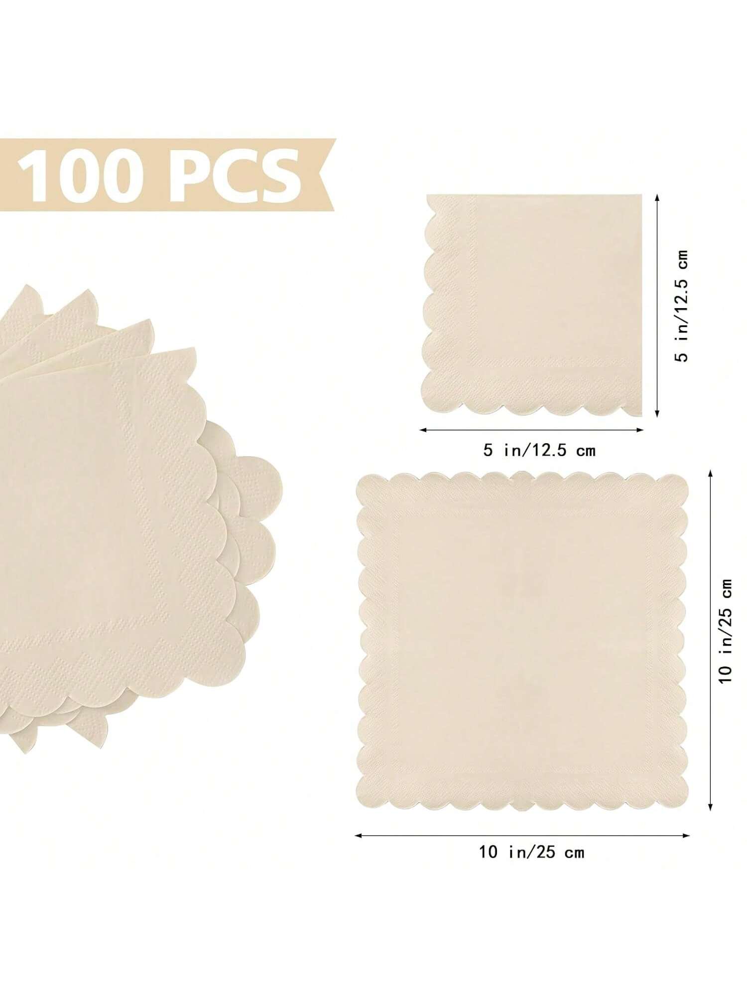 100 Cream Scalloped 3-Ply Cocktail Napkins for Weddings Birthday Party