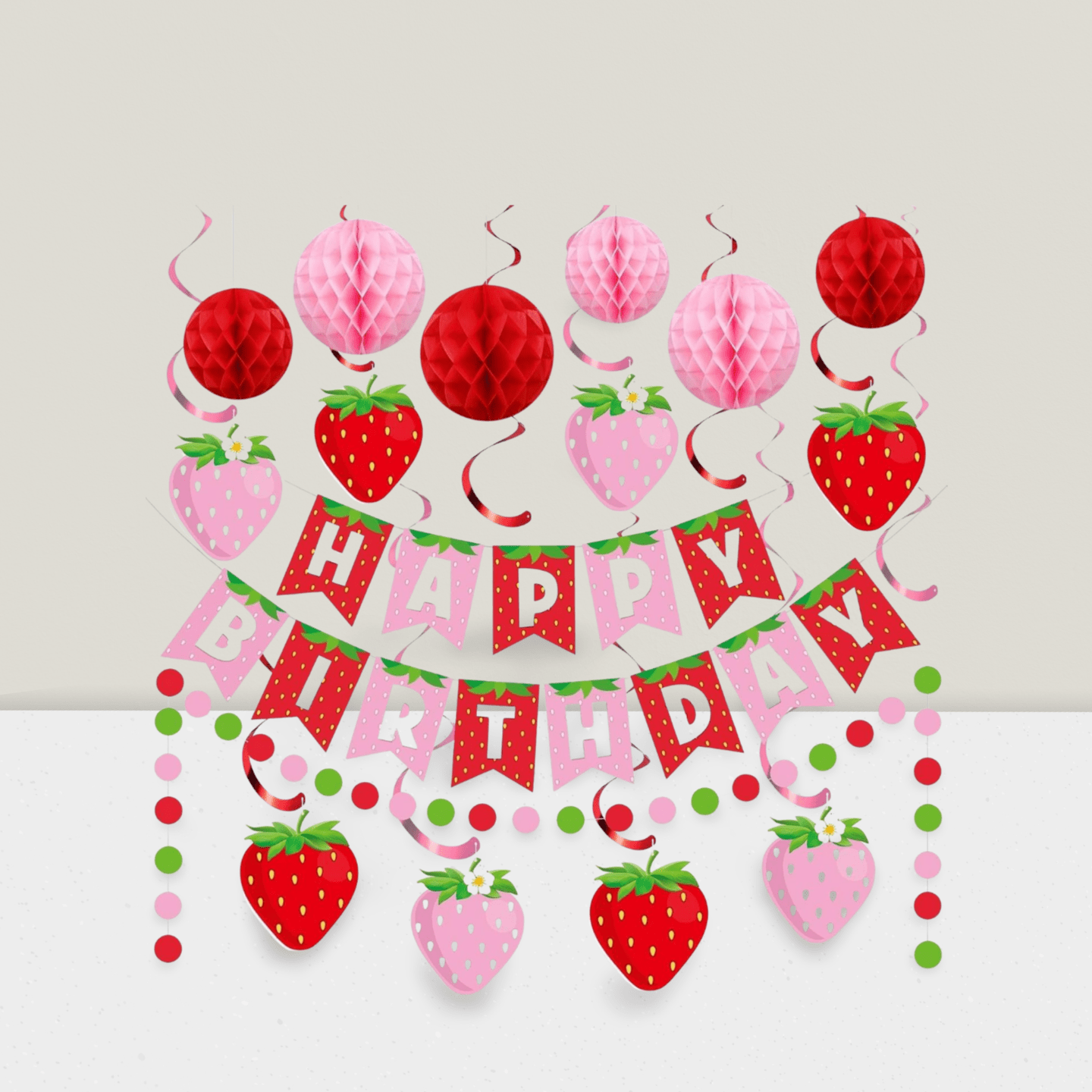 17pcs Strawberry Party Set with Garland Honeycomb & Polka Dot Banners