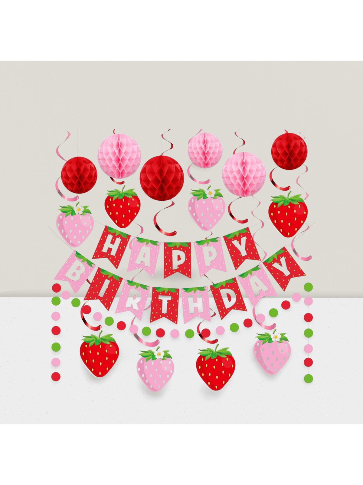 17pcs Strawberry Party Set with Garland Honeycomb & Polka Dot Banners