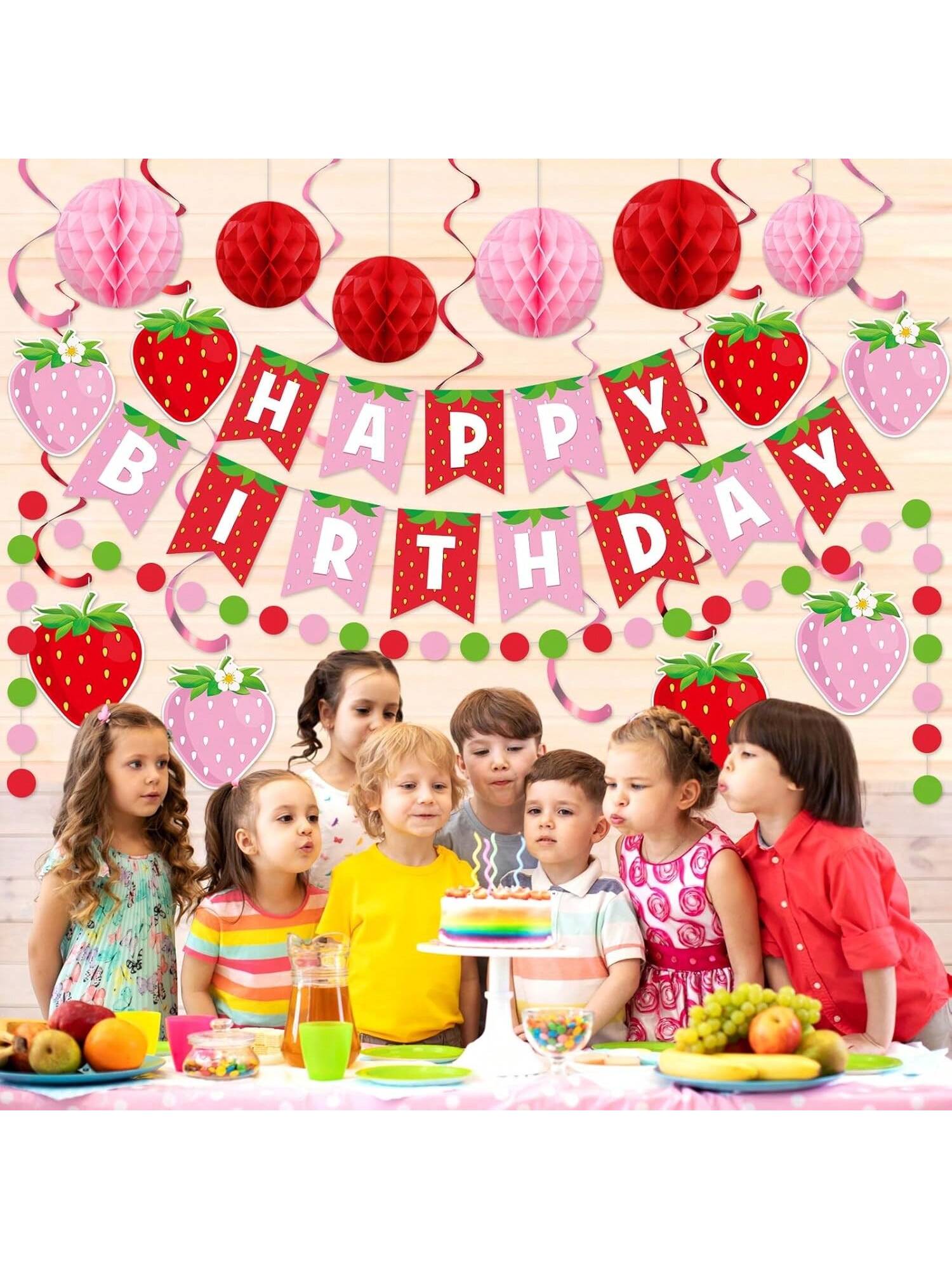 17pcs Strawberry Party Set with Garland Honeycomb & Polka Dot Banners