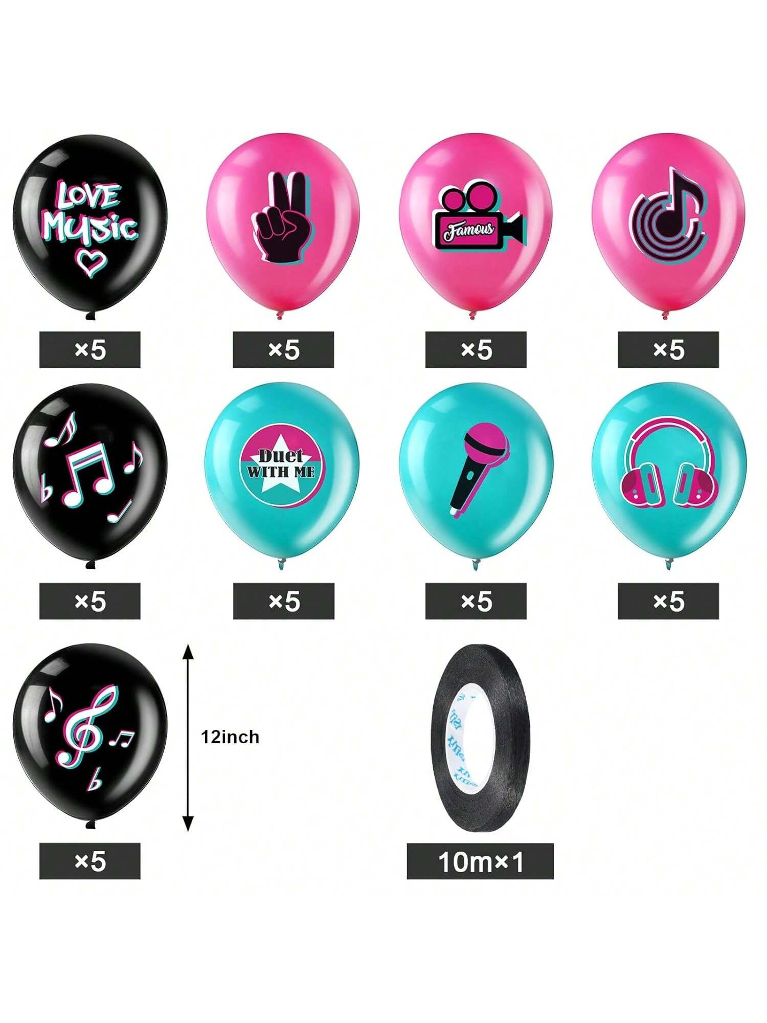 45PCS 12" Music Note Latex Balloons with Ribbon for DJ & Birthday Parties