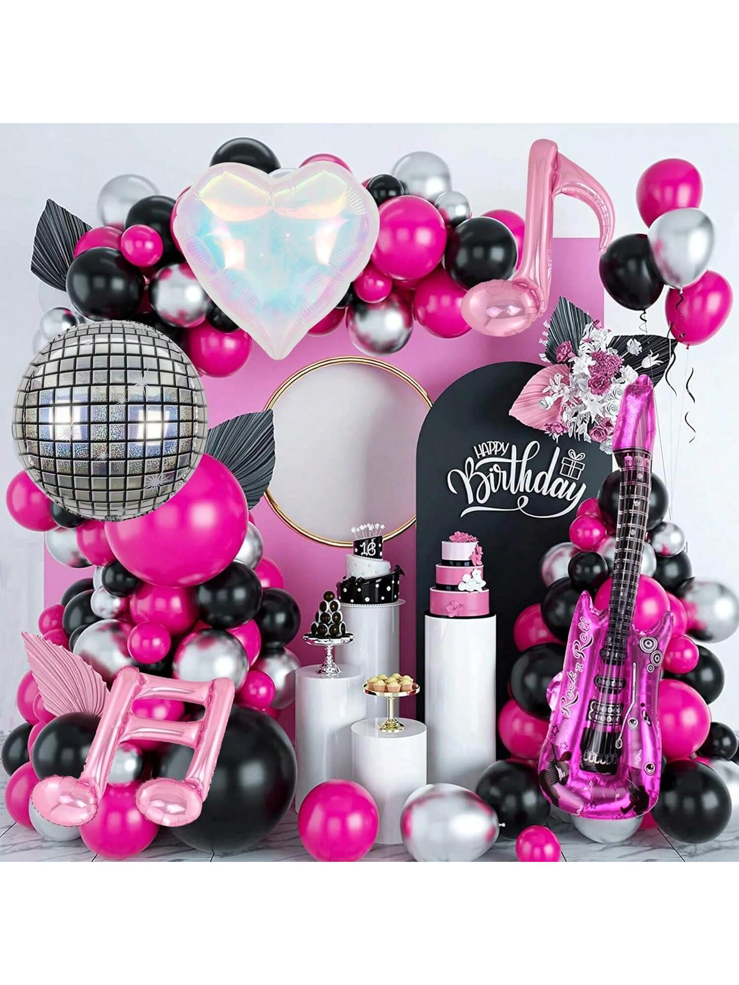 Hot Pink Music Note & Guitar Foil Balloons Disco & Concert Party Decorations