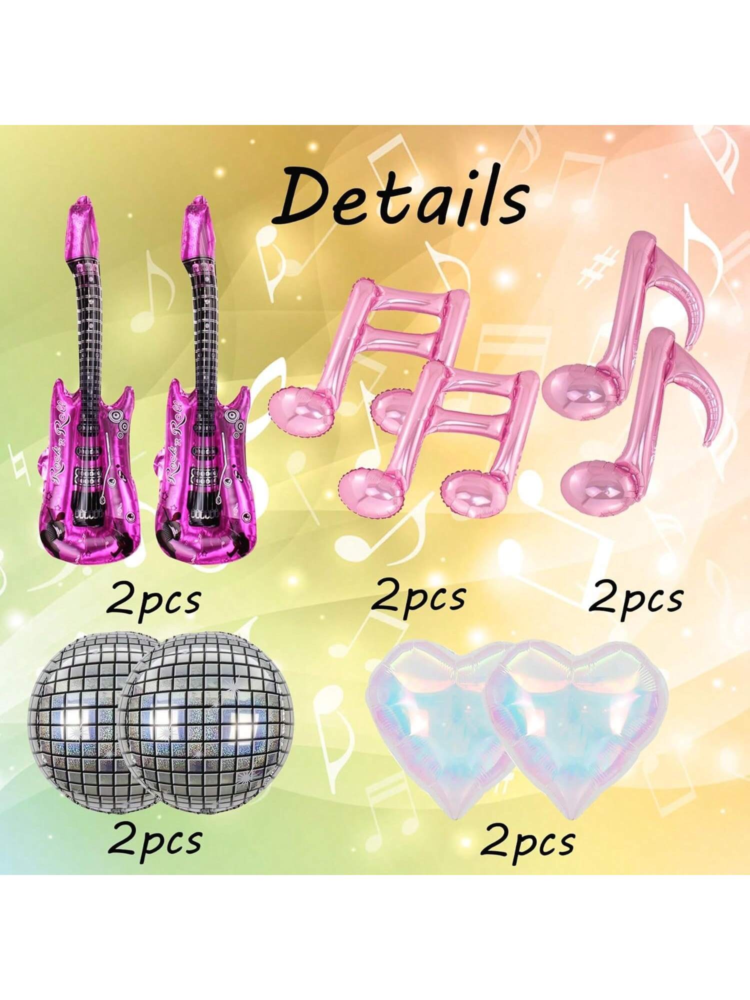 Hot Pink Music Note & Guitar Foil Balloons Disco & Concert Party Decorations