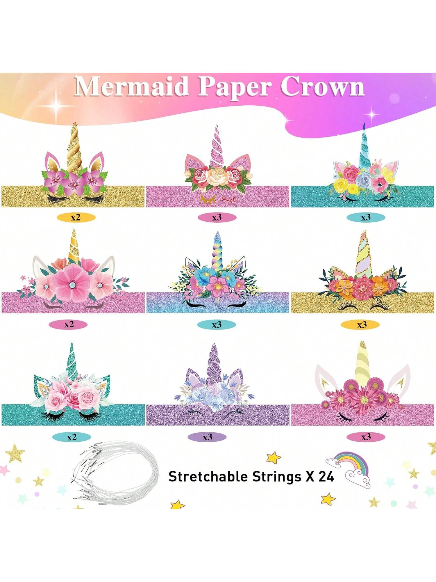 24PCS Unicorn Birthday Party Hats Crown Headbands for Holiday Party Decor