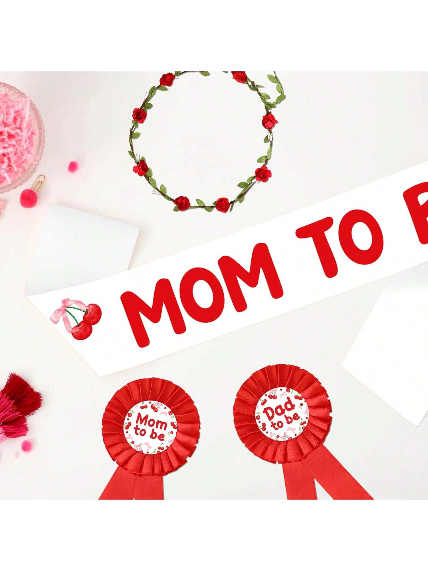 Cherry Themed Shower Set Mom and Dad To Be Sash Corsage Pins and Cherry On Top Decor