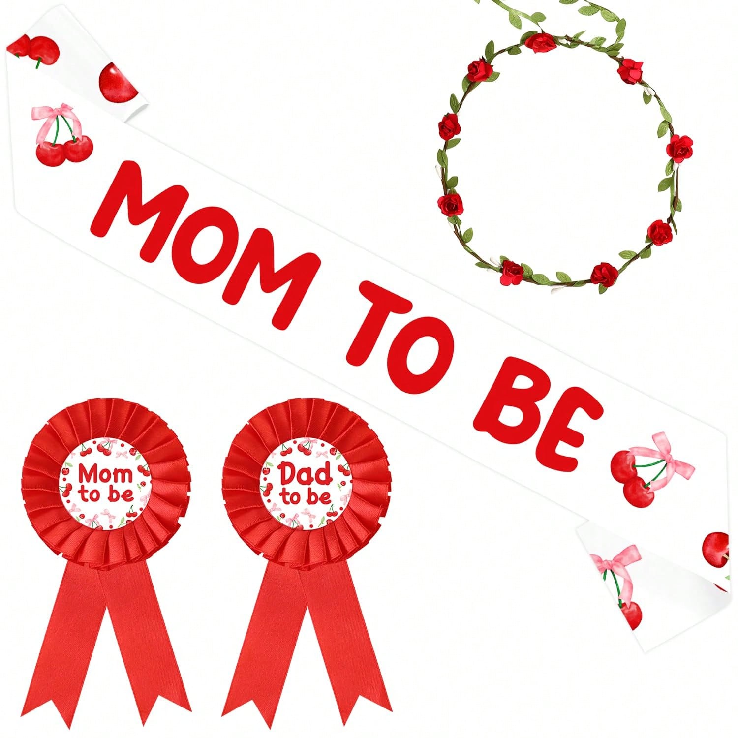 Cherry Themed Shower Set Mom and Dad To Be Sash Corsage Pins and Cherry On Top Decor
