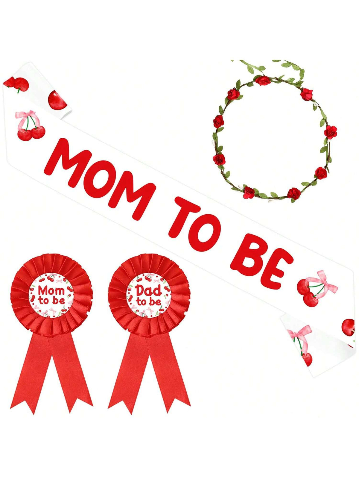 Cherry Themed Shower Set Mom and Dad To Be Sash Corsage Pins and Cherry On Top Decor