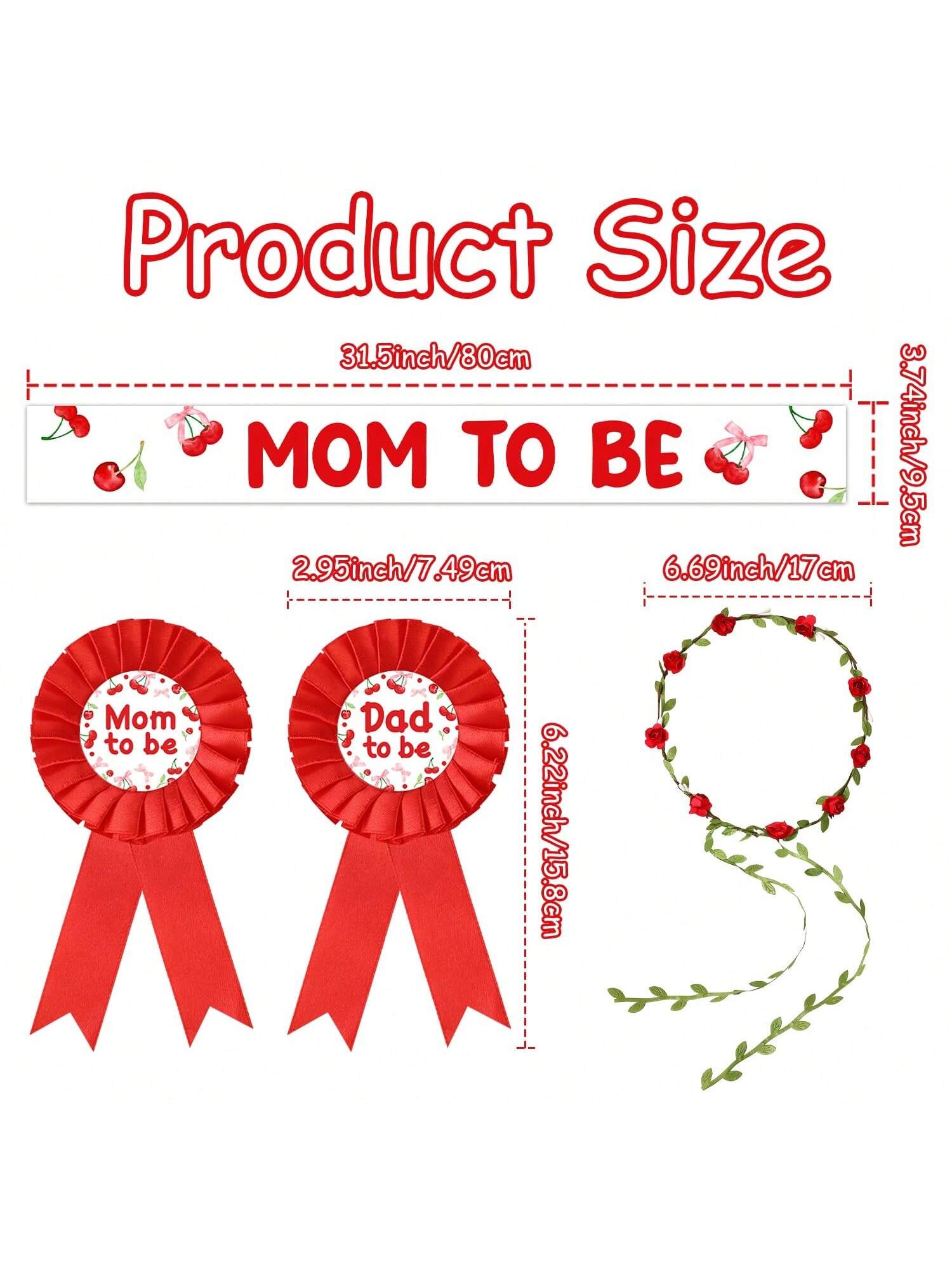 Cherry Themed Shower Set Mom and Dad To Be Sash Corsage Pins and Cherry On Top Decor