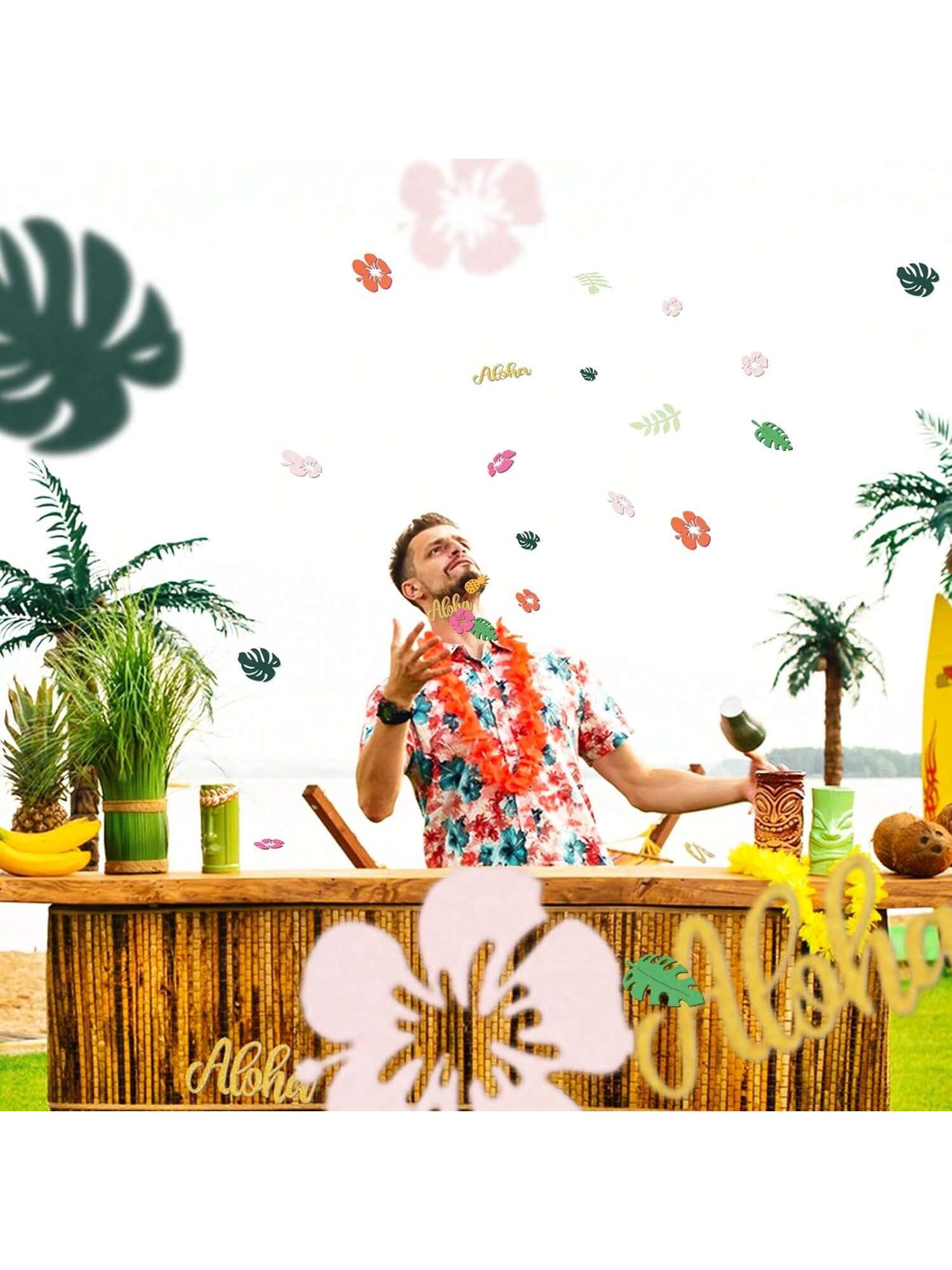 100 Pc Hawaiian Luau Confetti with Pineapple Flowers & Palm Leaves for Parties