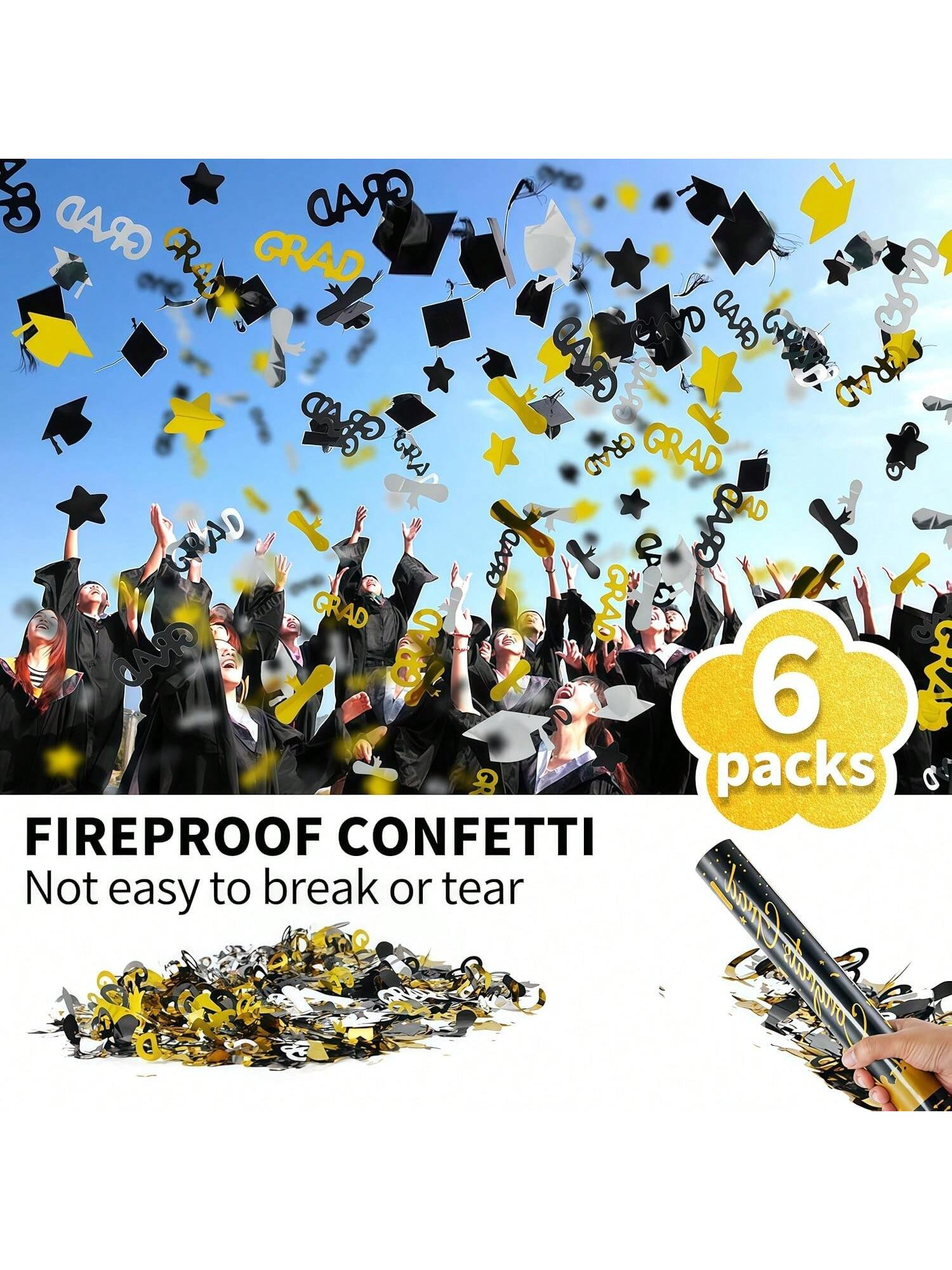 6-Pack 16 Inch Graduation Confetti Poppers Grad Star & Cap Design