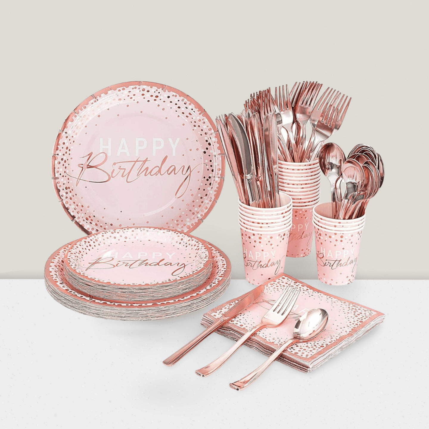175PCS Pink Rose Gold Birthday Tableware Plates Napkins and Cutlery for 25 Guests
