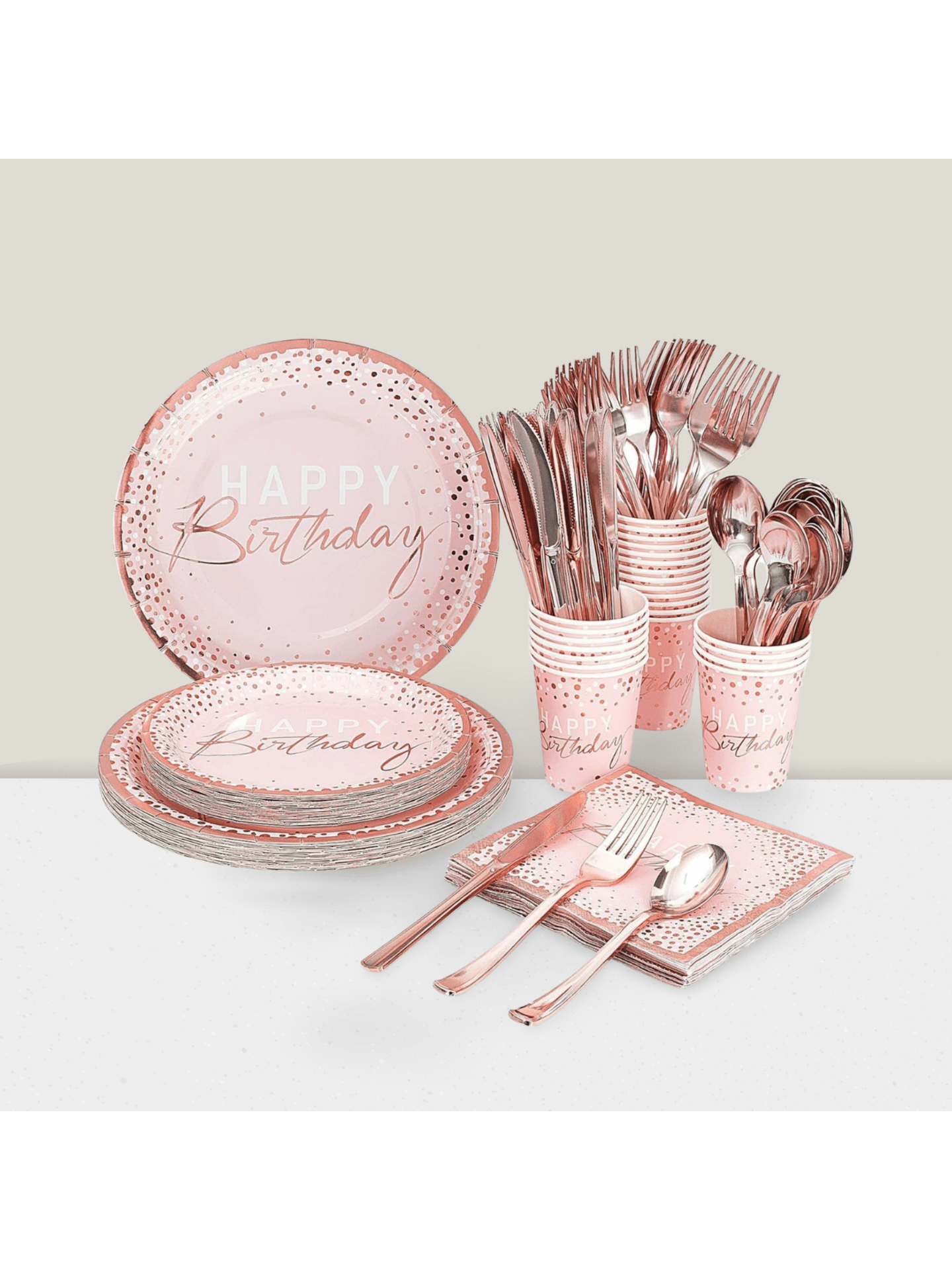 175PCS Pink Rose Gold Birthday Tableware Plates Napkins and Cutlery for 25 Guests