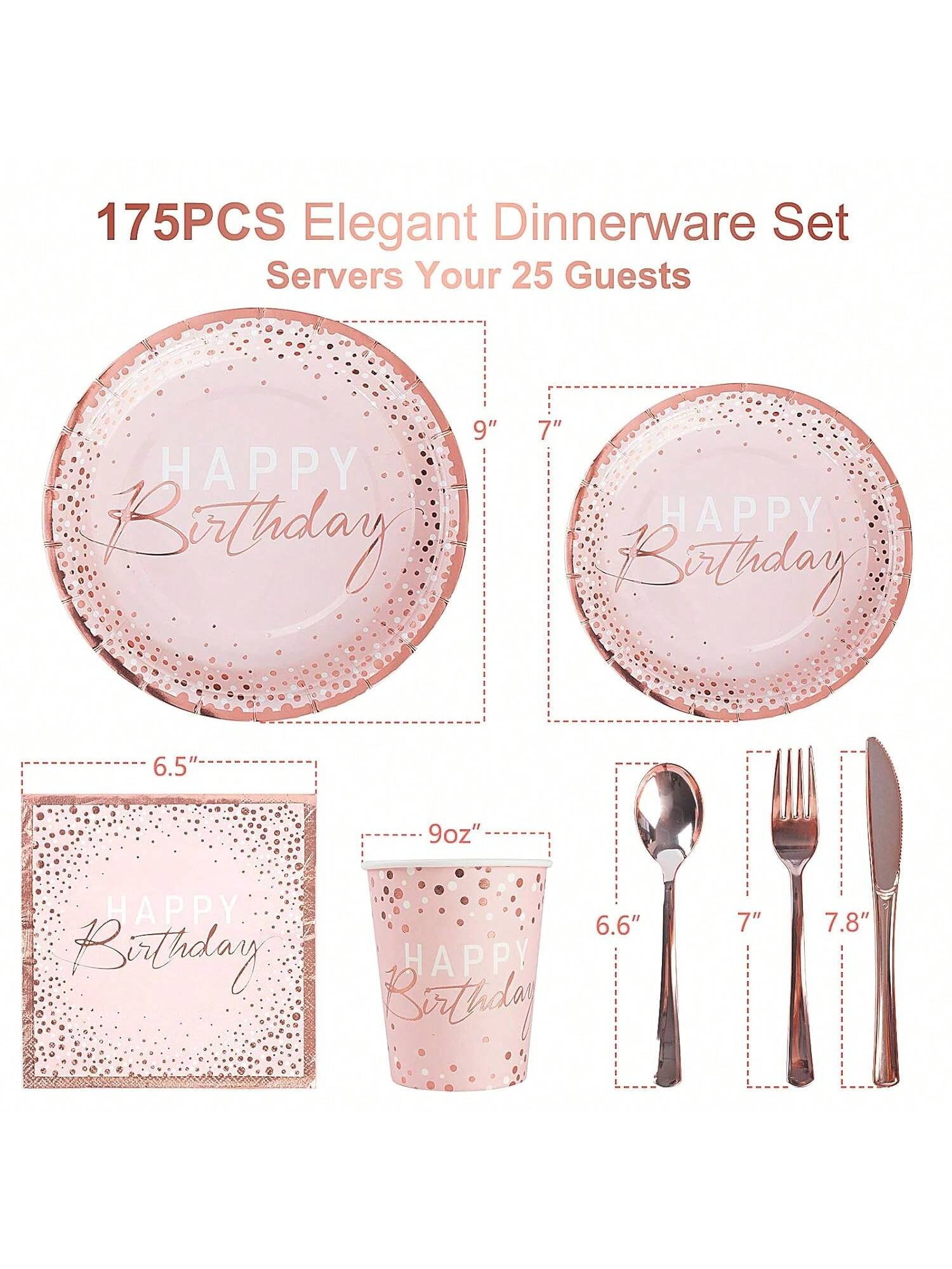 175PCS Pink Rose Gold Birthday Tableware Plates Napkins and Cutlery for 25 Guests